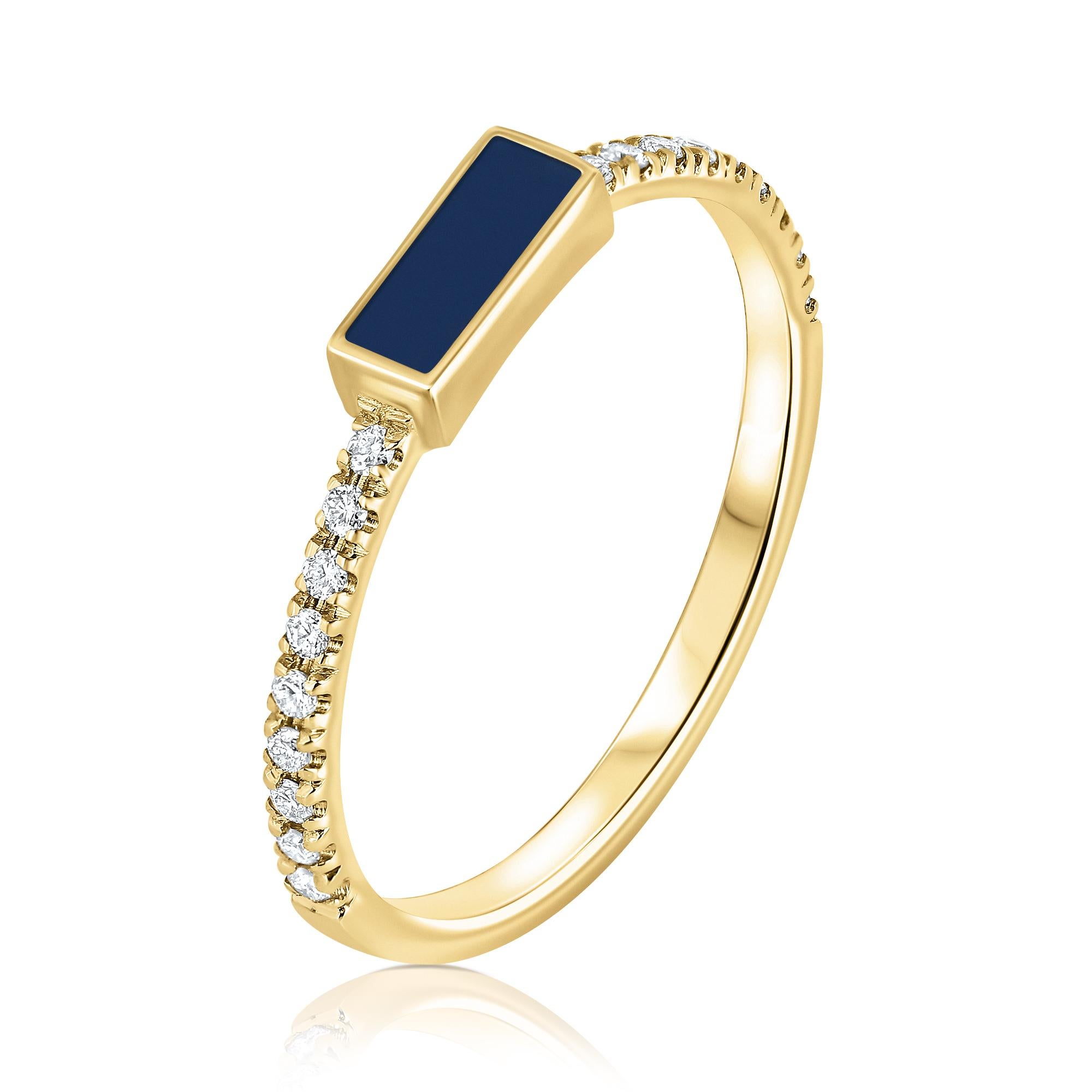 Yellow Gold Pave Diamond Navy Blue Enamel Rectangle Ring in 14K, Shlomit Rogel 5