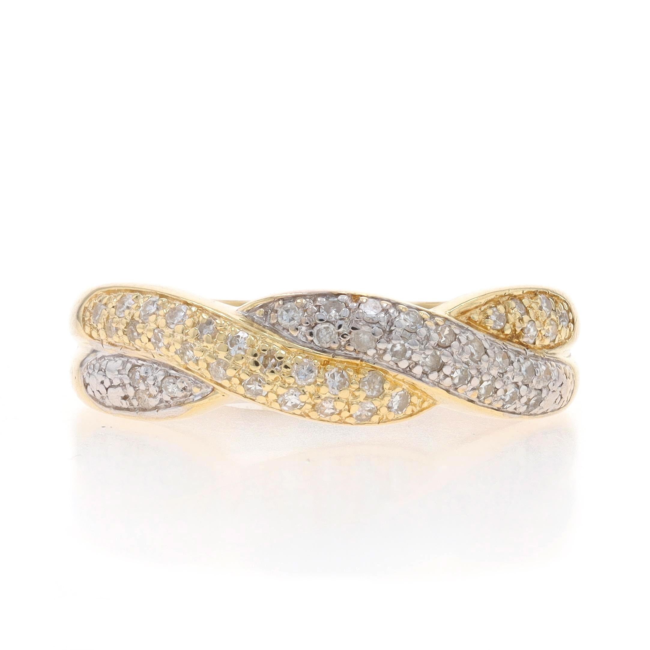 Size: 8 3/4
Sizing Fee: Up 2 sizes for $35 or Down 1 size for $35

Metal Content: 14k Yellow Gold & 14k White Gold

Stone Information

Natural Diamonds
Carat(s): .13ctw
Cut: Single
Color: G - H
Clarity: SI1 - I1

Total Carats: .13ctw

Style: