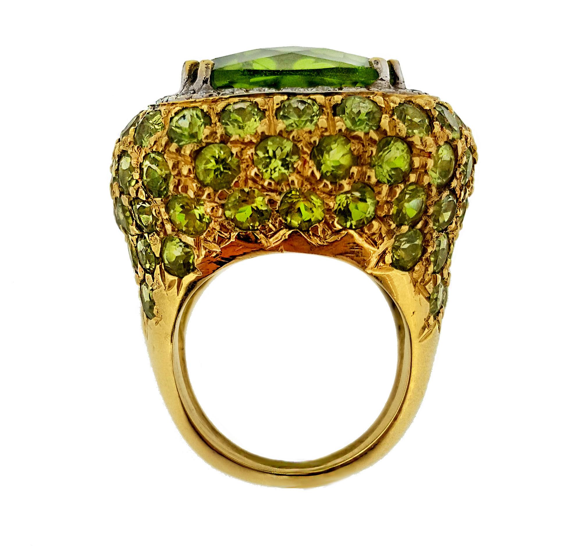 Contemporary Yellow Gold Pave Peridot and Diamond Cocktail Ring For Sale