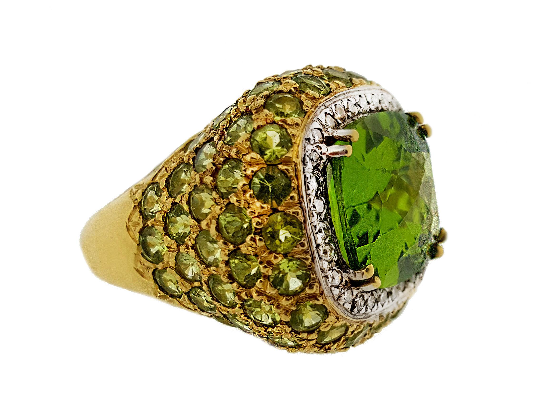 Cushion Cut Yellow Gold Pave Peridot and Diamond Cocktail Ring For Sale