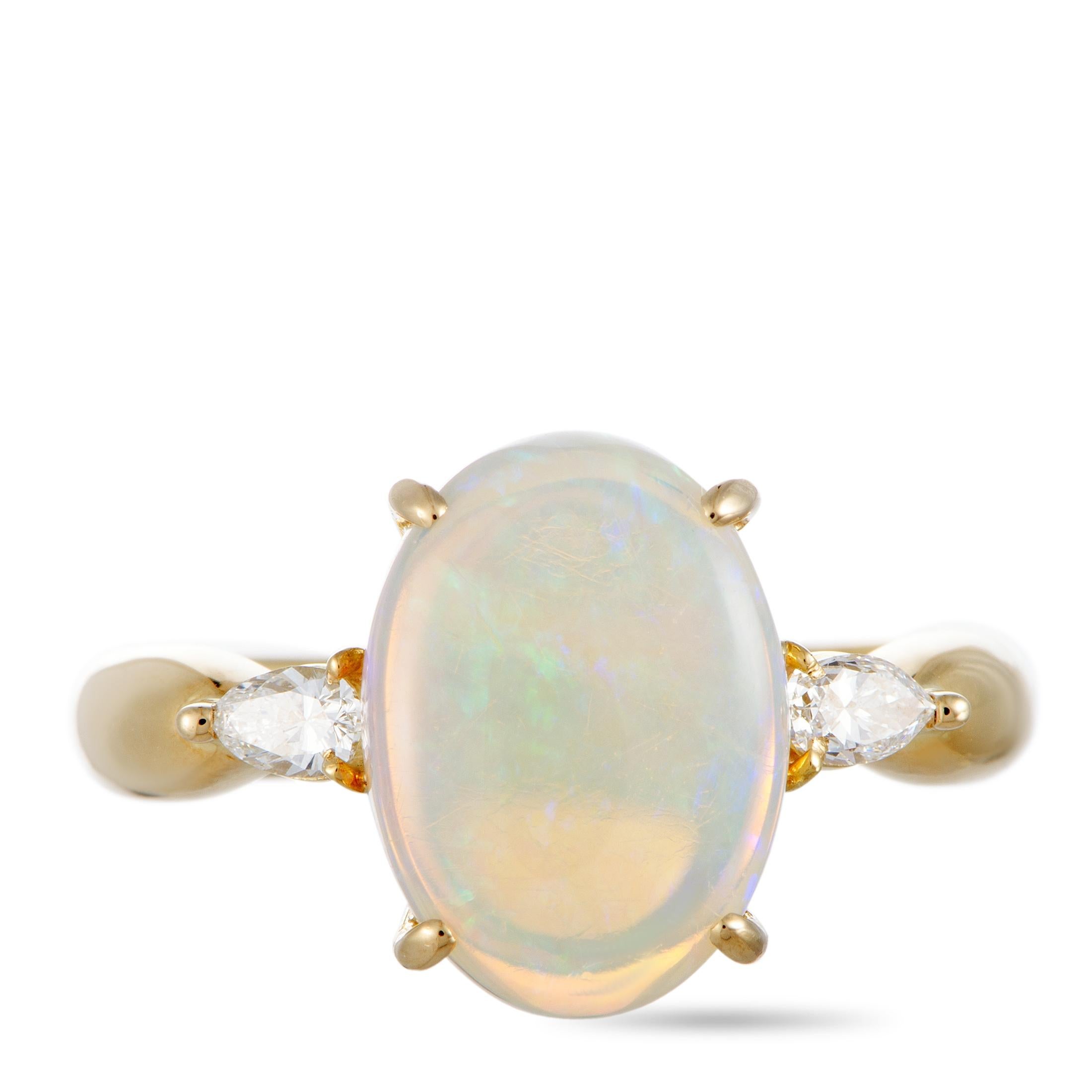 Yellow Gold Pear Diamond and Opal Oval Ring 1