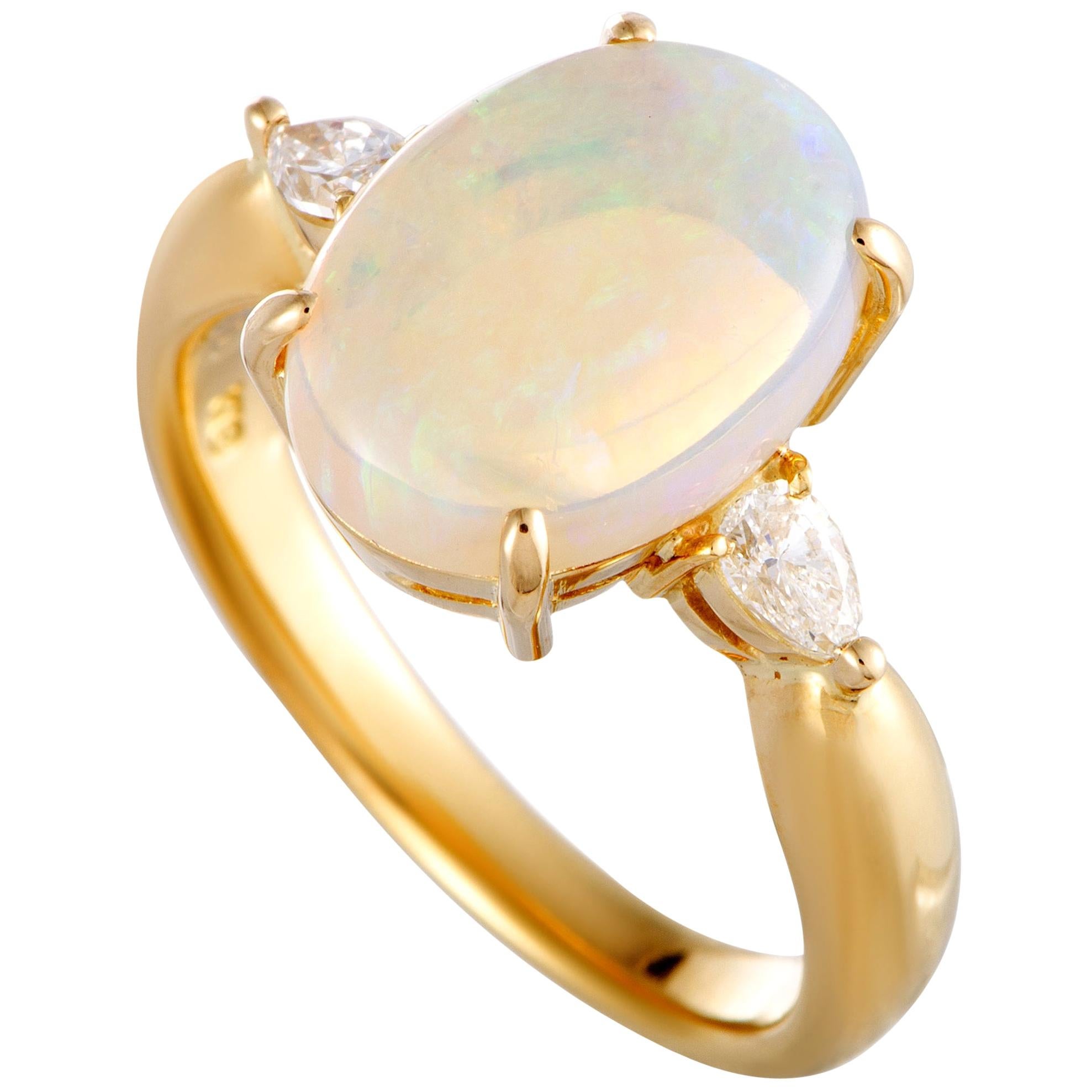 Yellow Gold Pear Diamond and Opal Oval Ring