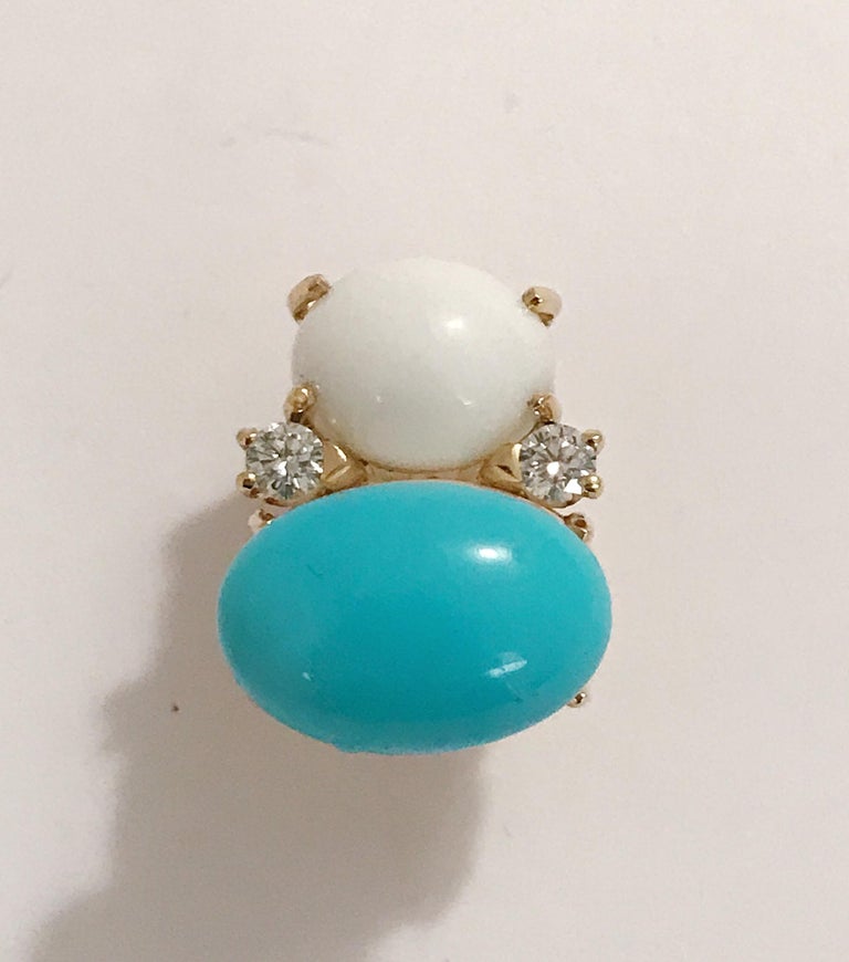 Yellow Gold Pear Drop Earring with White Jade and Bezel Set Turquoise