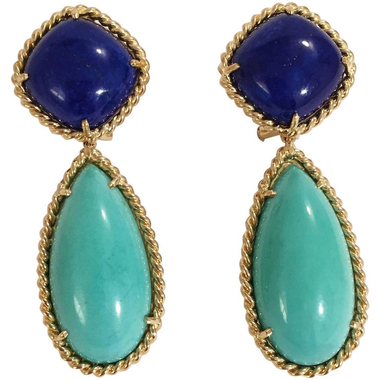 Yellow Gold Pear Drop Earring with White Jade and Bezel Set Turquoise