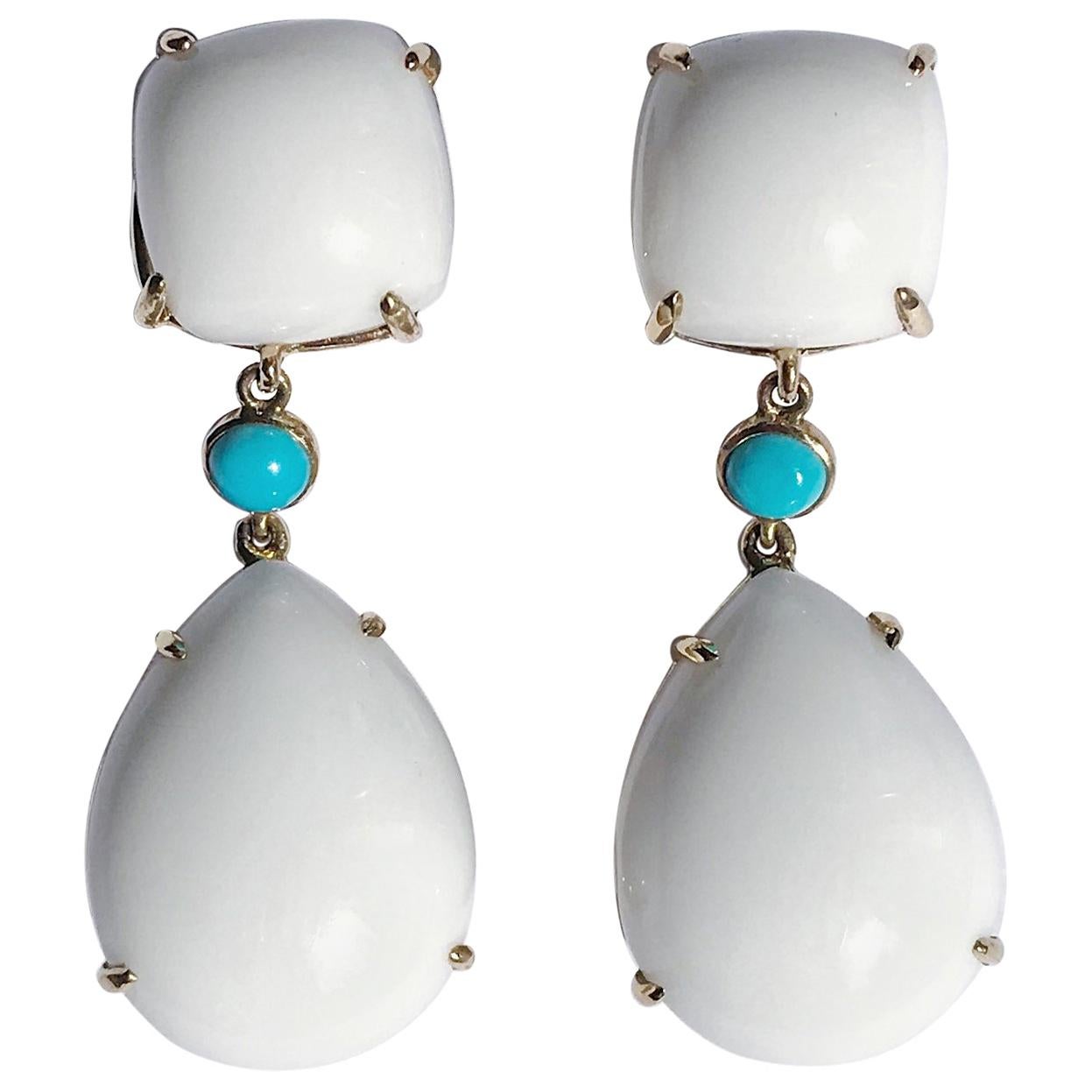 Yellow Gold Pear Drop Earring with White Jade and Bezel Set Turquoise Accent For Sale
