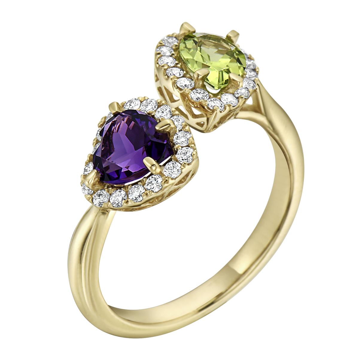 With this exquisite semi-precious yellow gold pear peridot and heart amethyst diamond ring, style and glamour are in the spotlight. This 14-karat ring is made from 3.4 grams of gold, 1 pear shape peridot totaling 0.67 karats and 1 heart shape