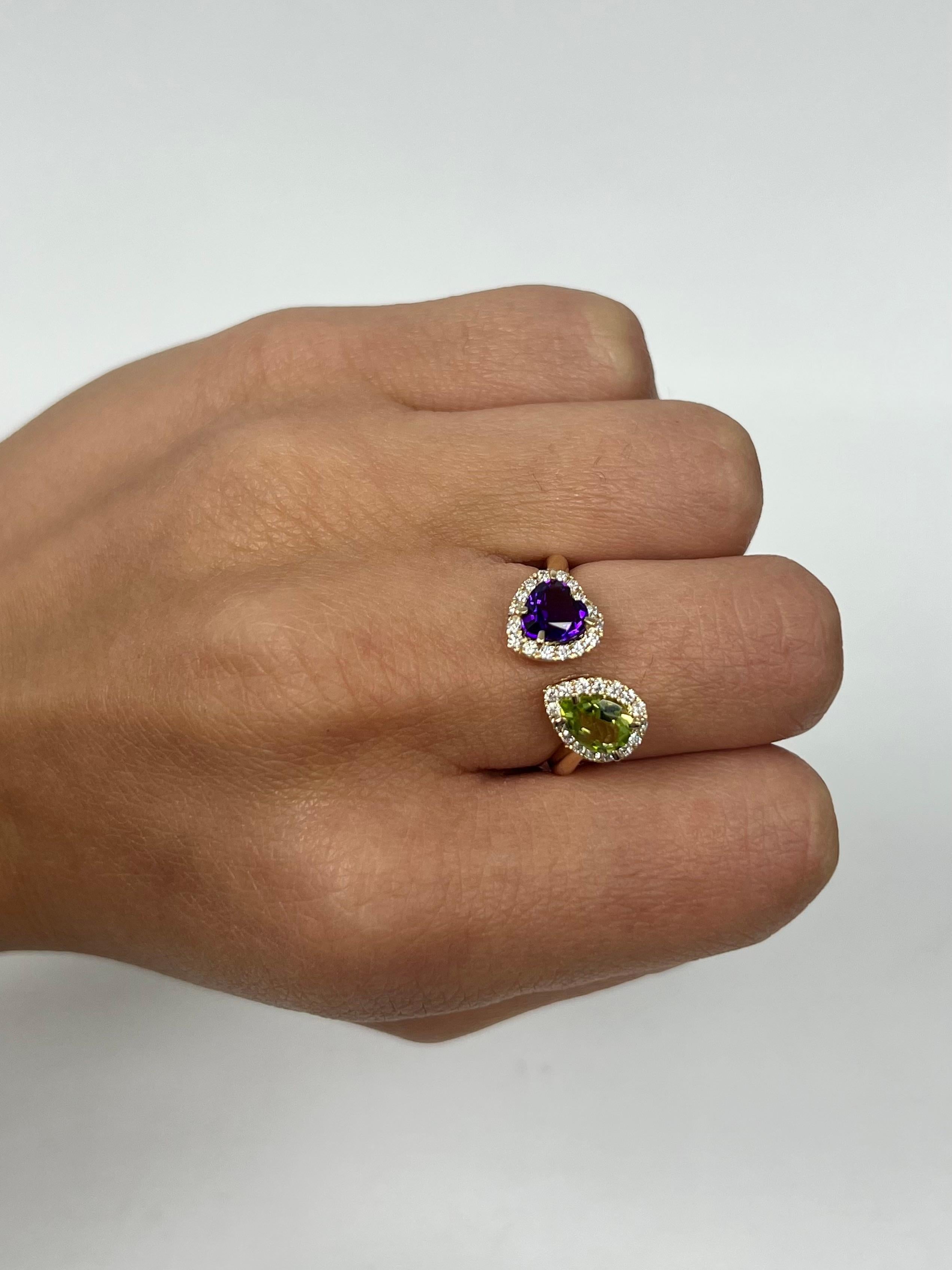 Brilliant Cut Yellow Gold Pear Peridot and Heart Amethyst Diamond Ring For Sale