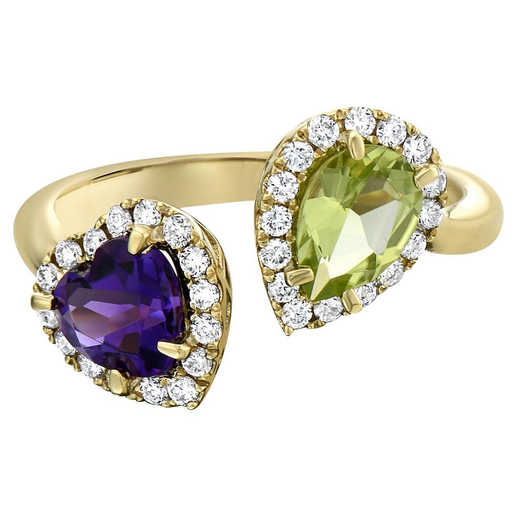 Yellow Gold Pear Peridot and Heart Amethyst Diamond Ring