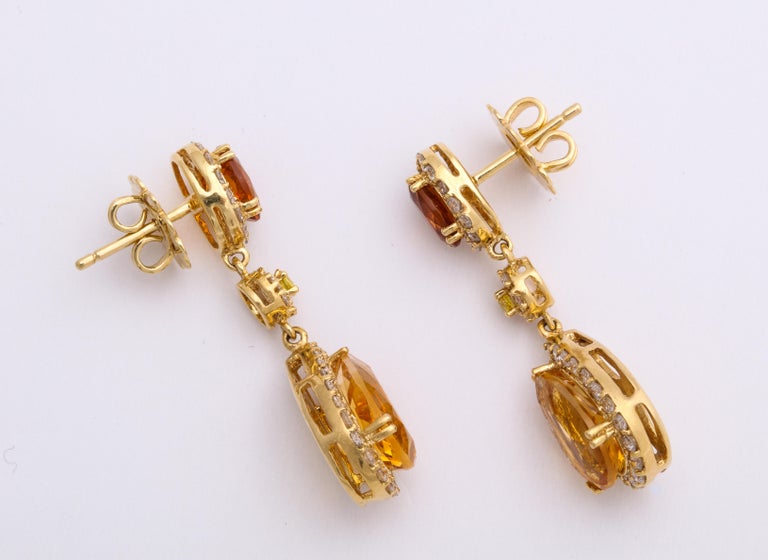 Yellow Gold, Pear Shape Citrine and Diamond Pendant Earrings For Sale ...