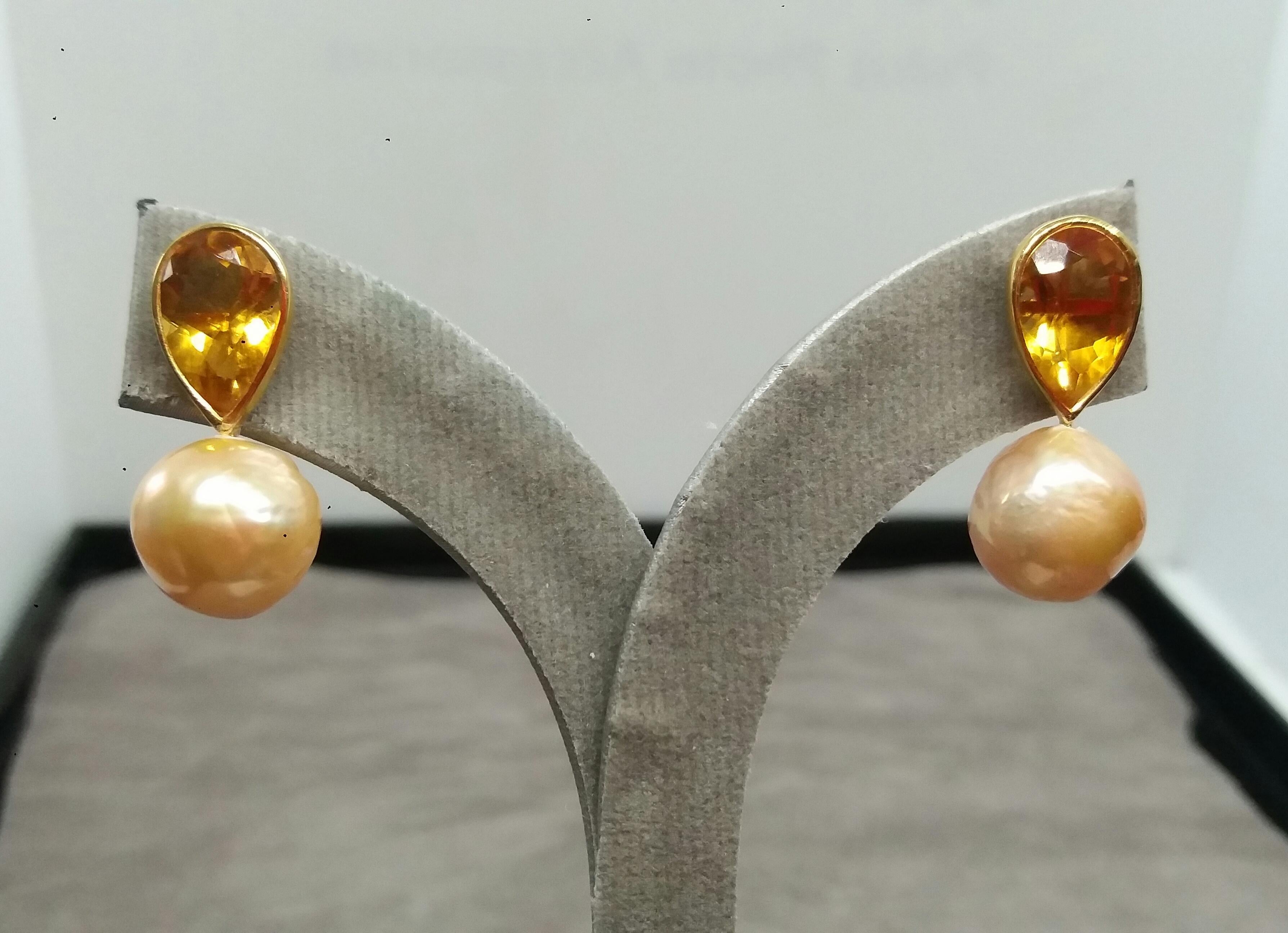 Yellow Gold Pear Shape Citrine Natural Cream Color Baroque Pearls Stud Earrings 1