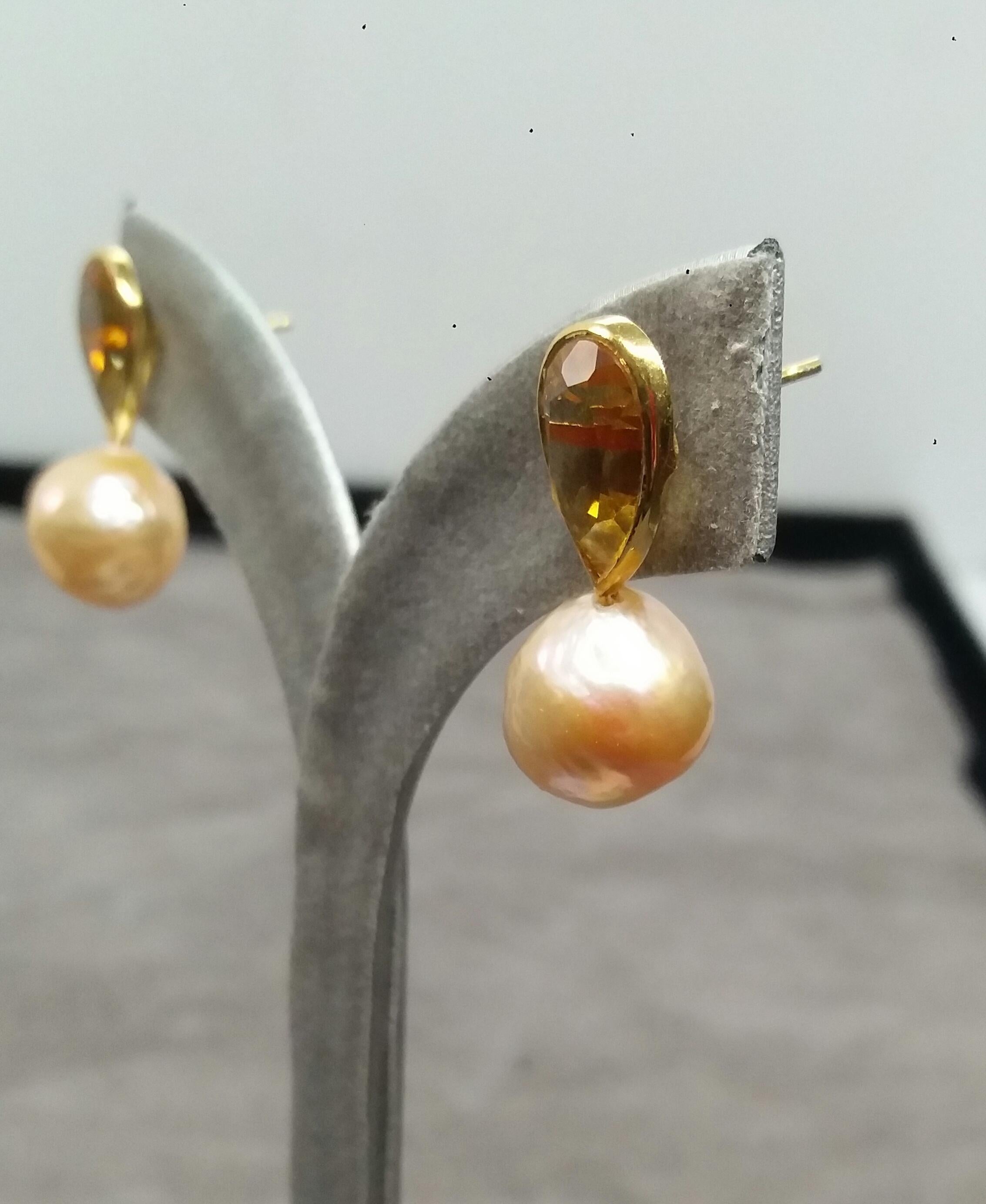 Yellow Gold Pear Shape Citrine Natural Cream Color Baroque Pearls Stud Earrings 2