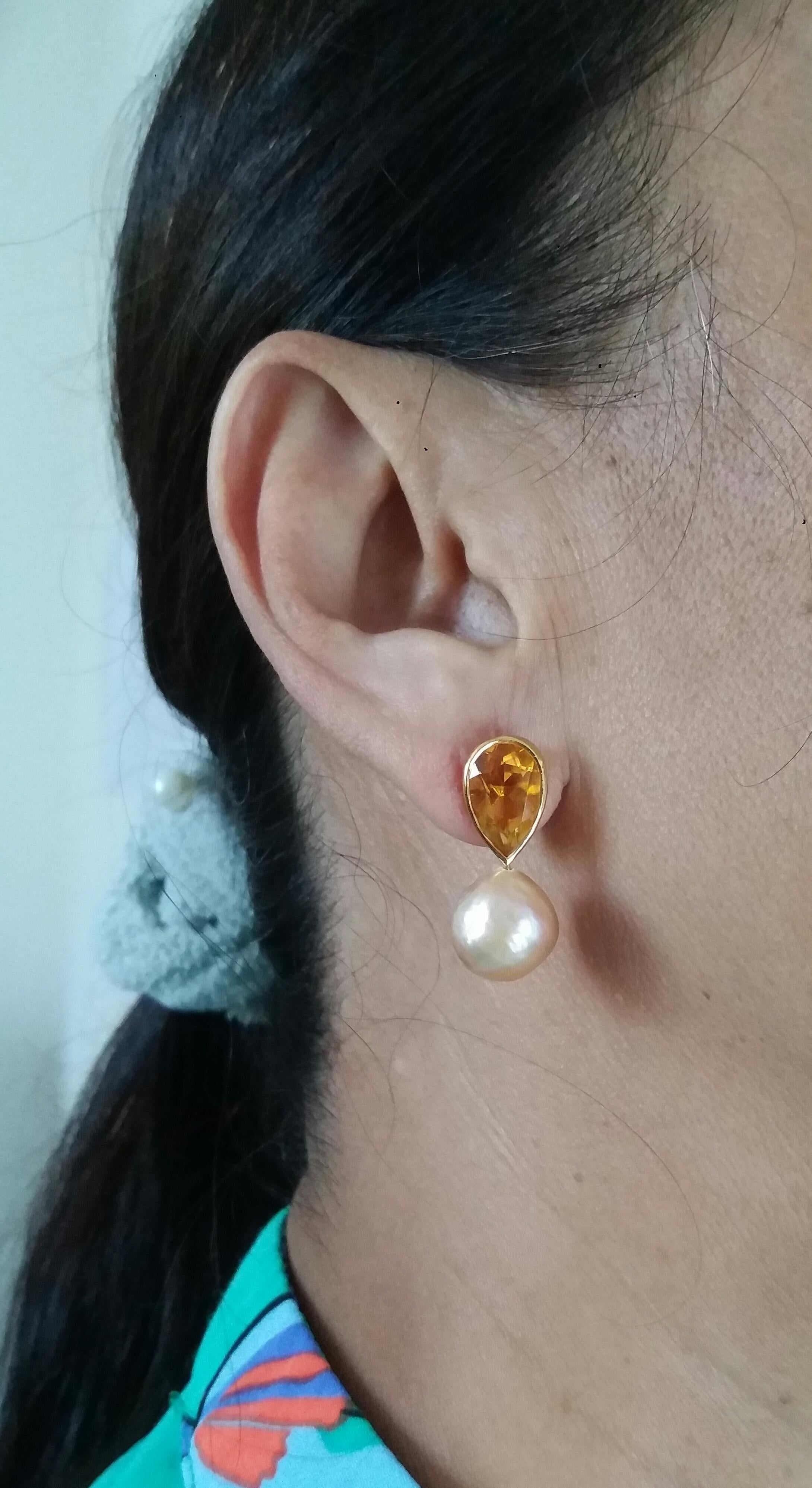 Yellow Gold Pear Shape Citrine Natural Cream Color Baroque Pearls Stud Earrings 3