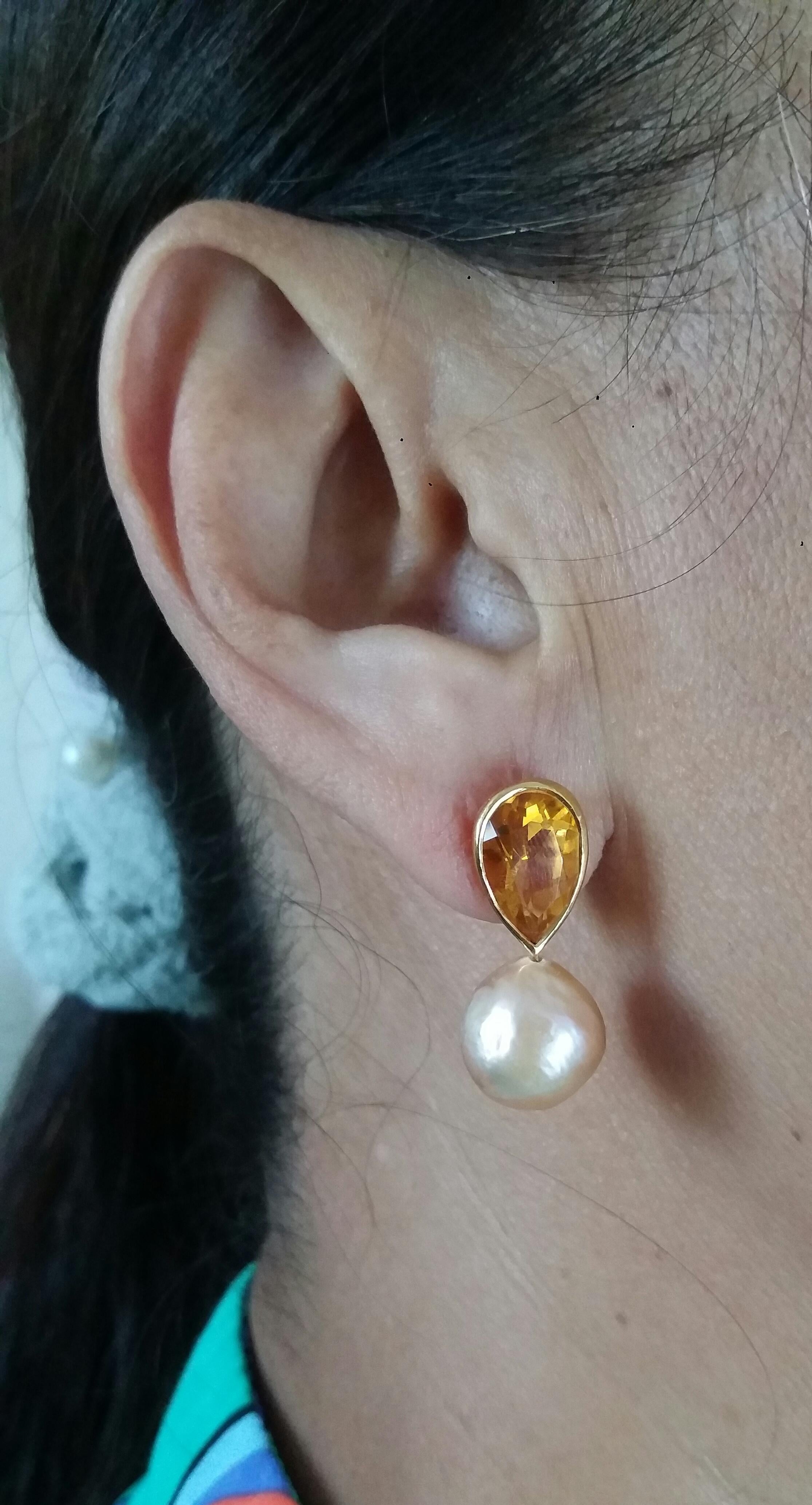 Yellow Gold Pear Shape Citrine Natural Cream Color Baroque Pearls Stud Earrings 4
