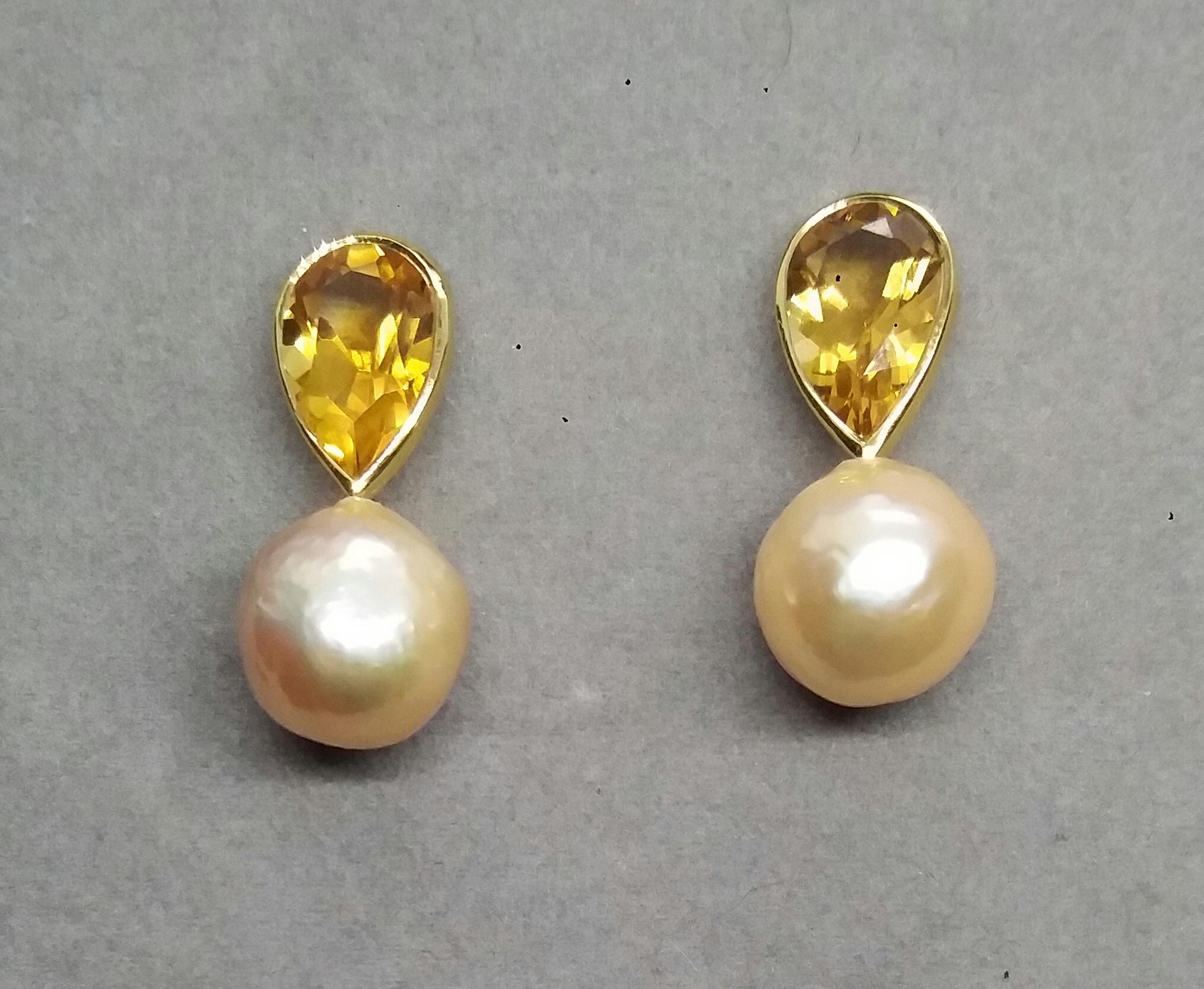 Pear Cut Pear Shape Citrine Natural Cream Color Baroque Pearls Yellow Gold Stud Earrings For Sale