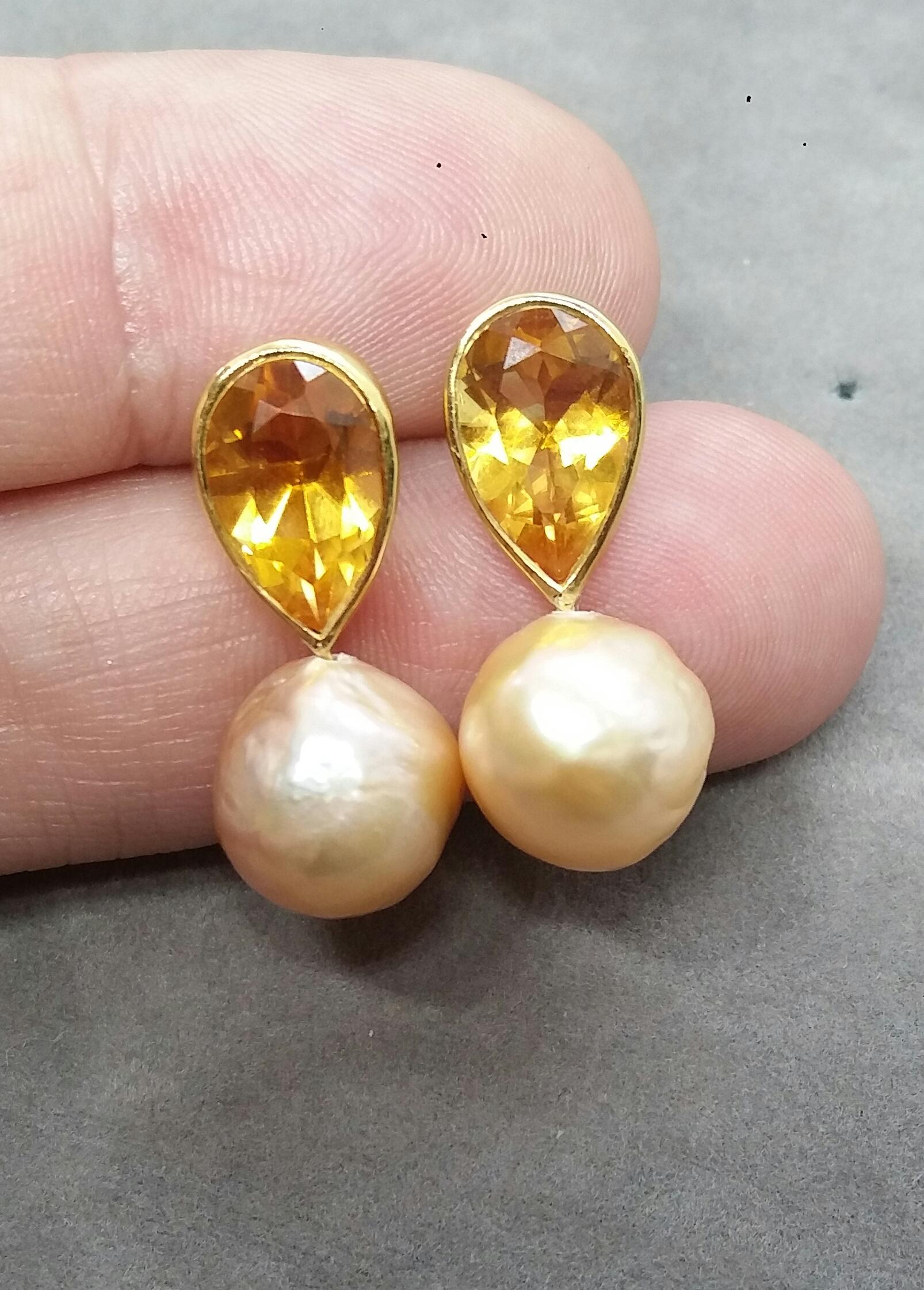 Pear Cut Yellow Gold Pear Shape Citrine Natural Cream Color Baroque Pearls Stud Earrings