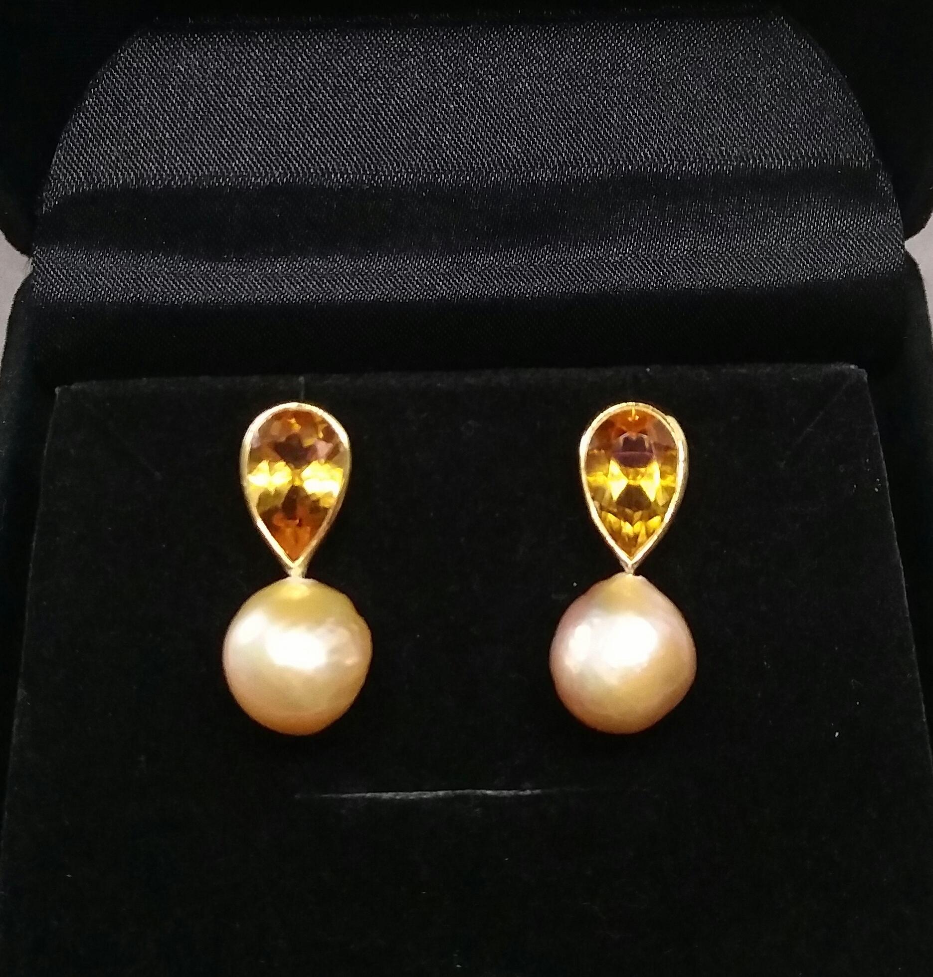 Pear Shape Citrine Natural Cream Color Baroque Pearls Yellow Gold Stud Earrings For Sale 2