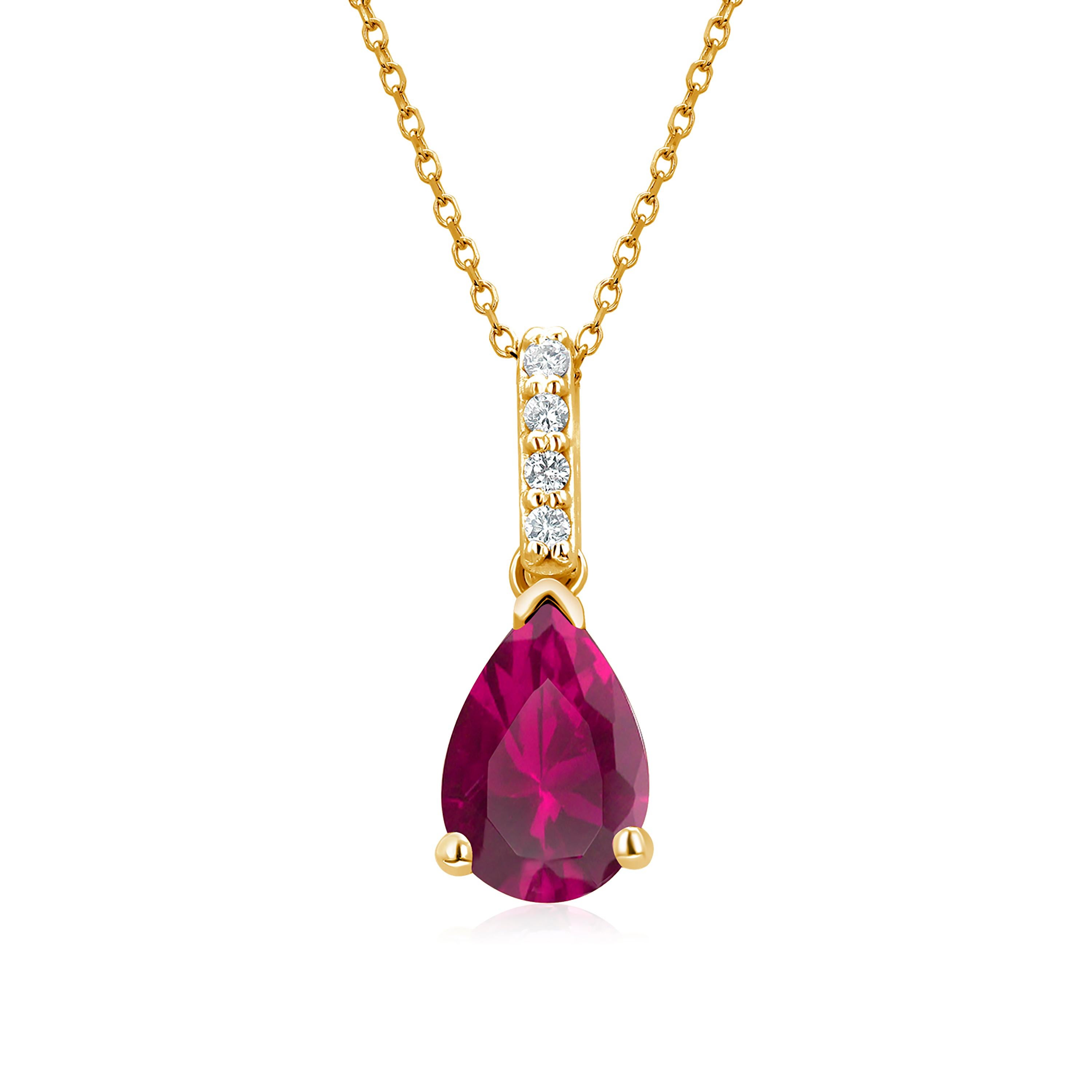 Pear Cut Yellow Gold Pear Shape Red Ruby and Diamond Pendant Drop Necklace