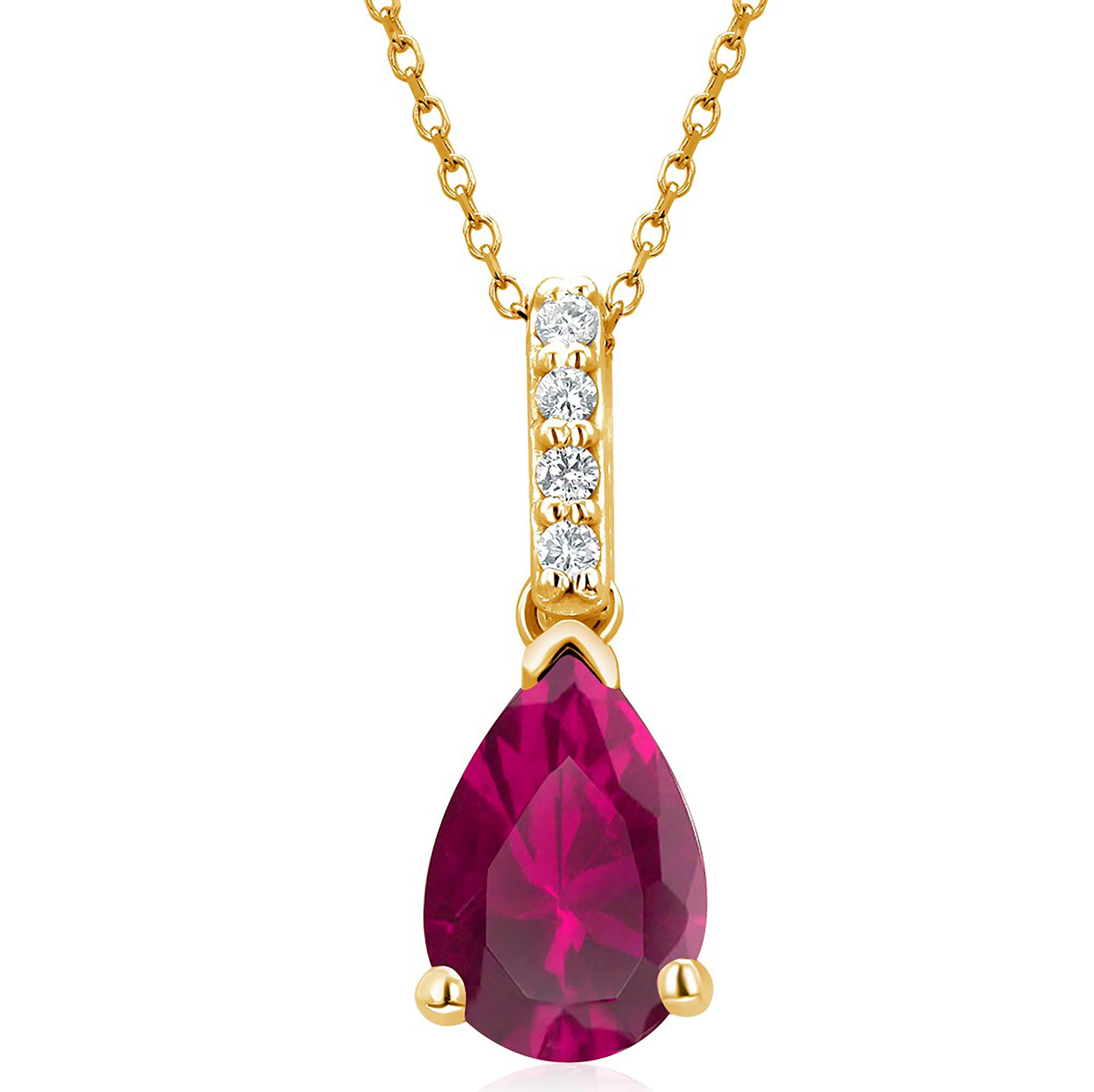 Yellow Gold Pear Shape Red Ruby and Diamond Pendant Drop Necklace In New Condition In New York, NY