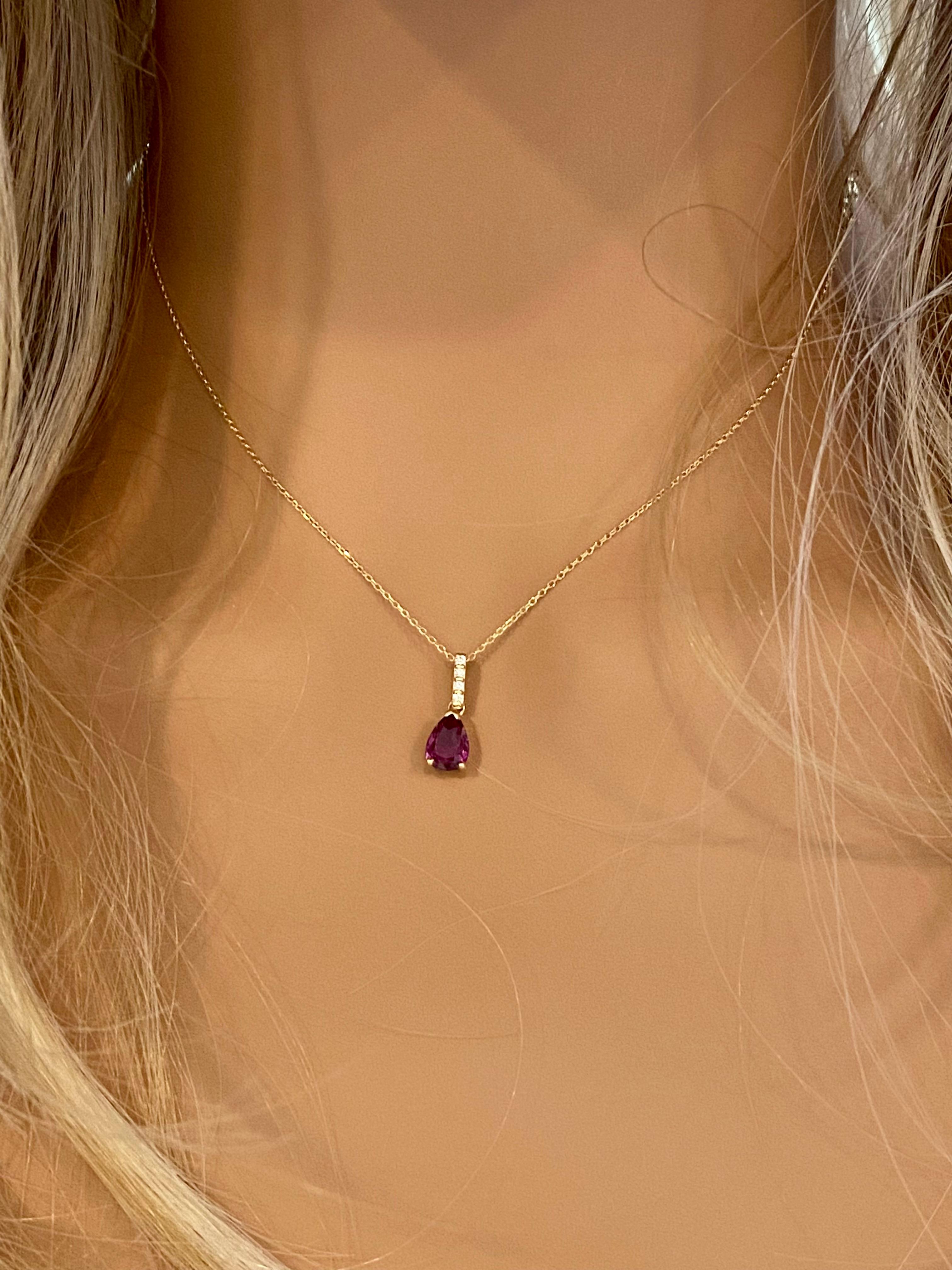 Modern Yellow Gold Pear Shape Red Ruby and Diamond Pendant Drop Necklace