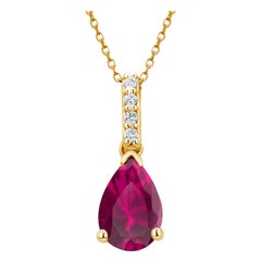Yellow Gold Pear Shape Red Ruby and Diamond Pendant Drop Necklace
