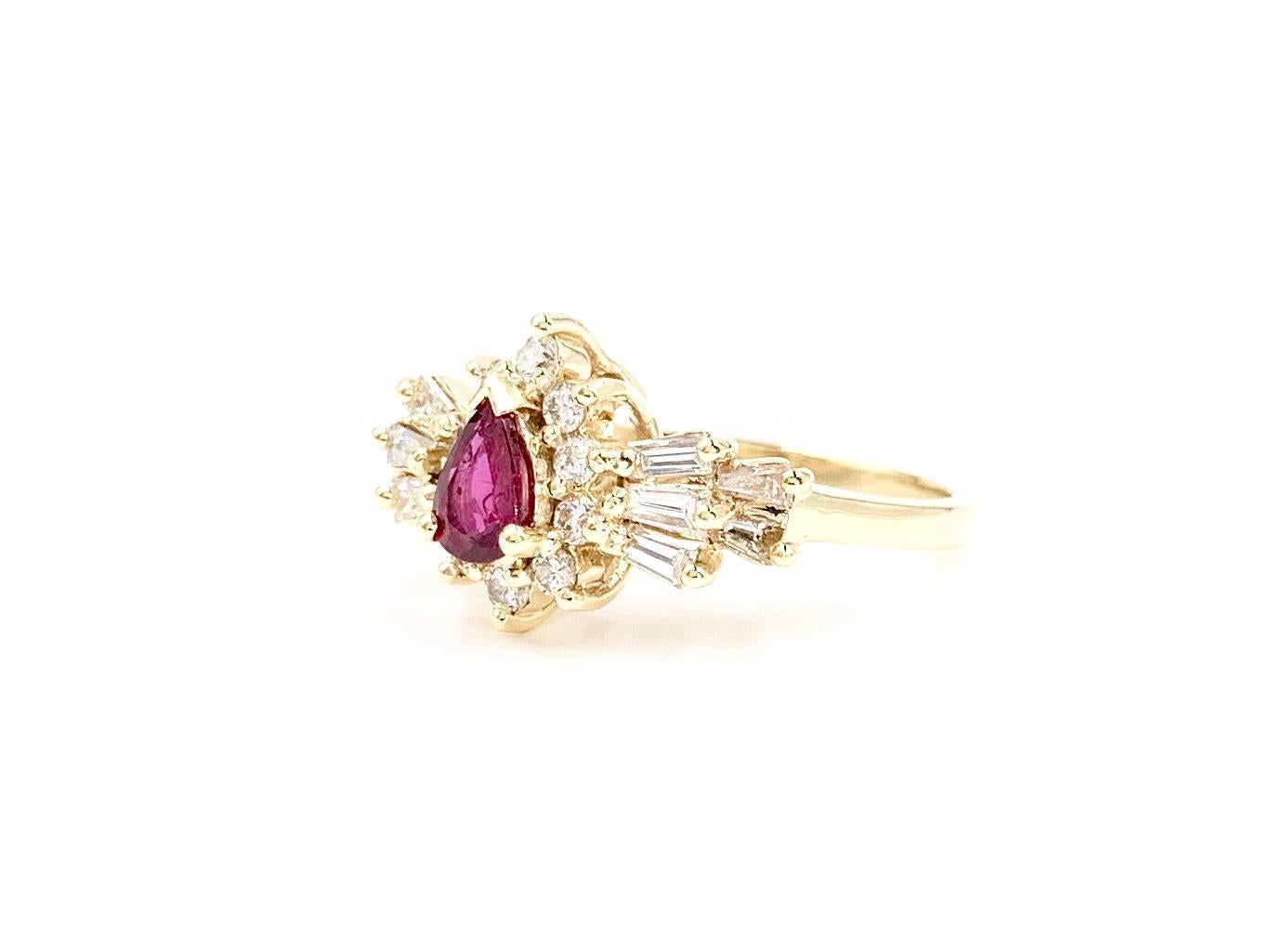 Yellow Gold Pear Shape Ruby and Diamond Ring For Sale 1