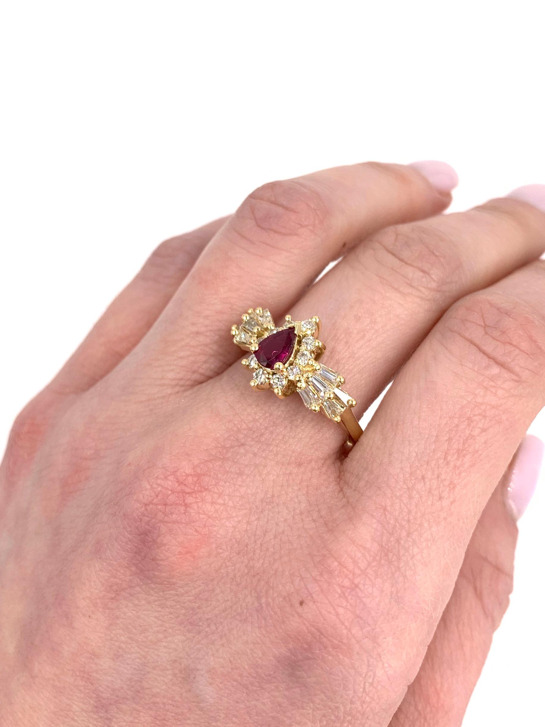 Yellow Gold Pear Shape Ruby and Diamond Ring For Sale 3