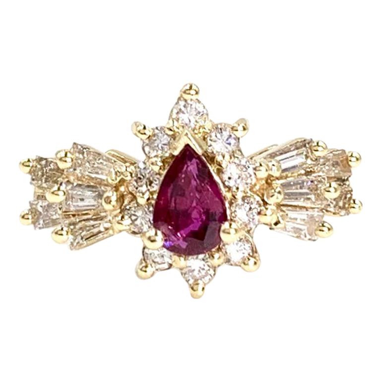 Yellow Gold Pear Shape Ruby and Diamond Ring For Sale