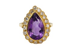 Yellow Gold Pear-Shaped Amethyst and Diamond Halo Cocktail Ring