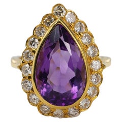 Yellow Gold Pear-Shaped Amethyst and Diamond Halo Cocktail Ring