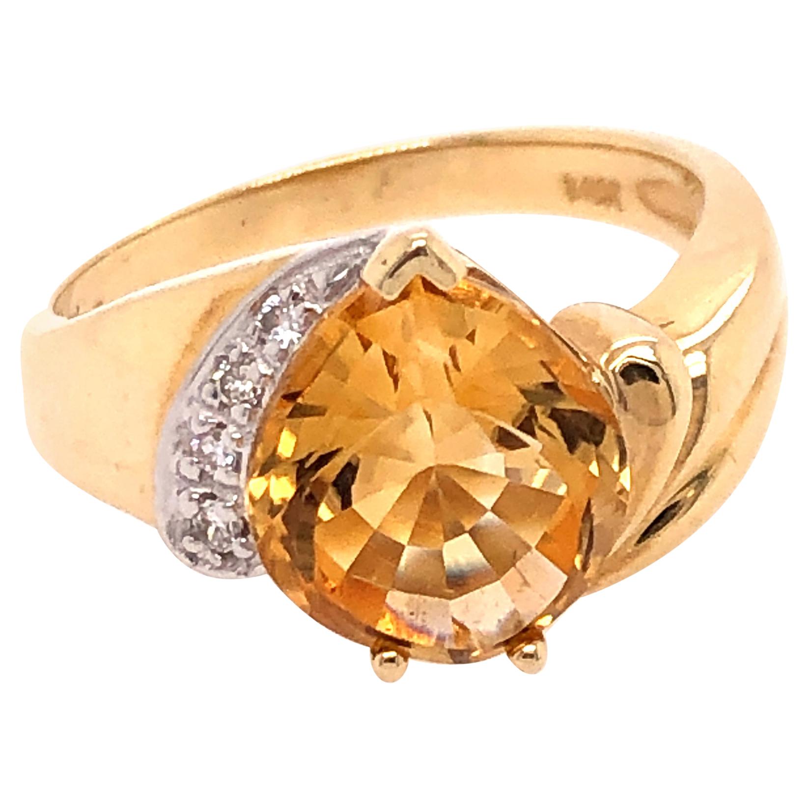 Yellow Gold Pear Shaped Citrine and Diamond Ring