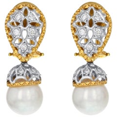 Yellow Gold Pearl and Diamond Drop Earrings 0.12 Carat