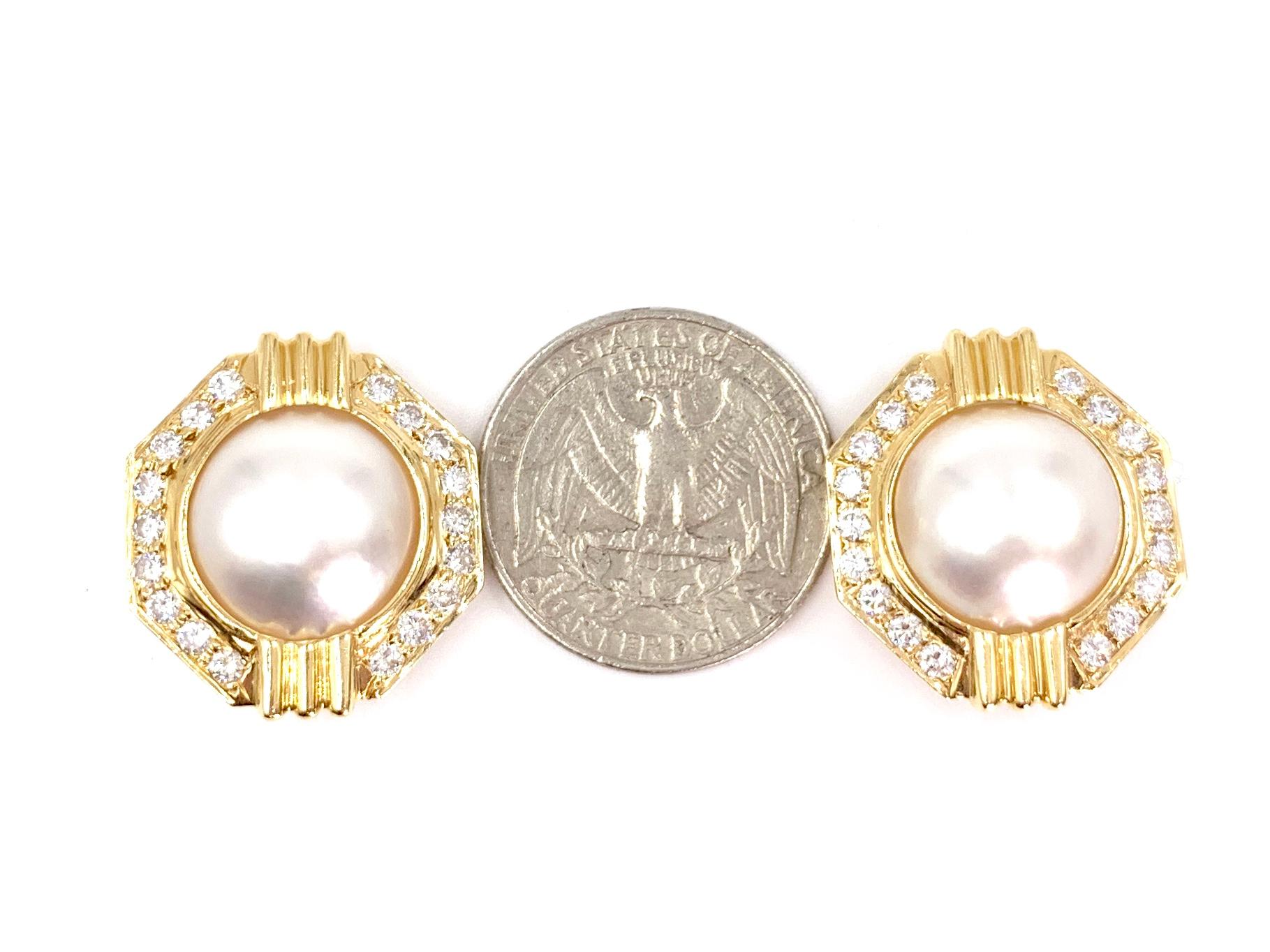 Women's Yellow Gold Pearl and Diamond Geometric Button Earrings For Sale