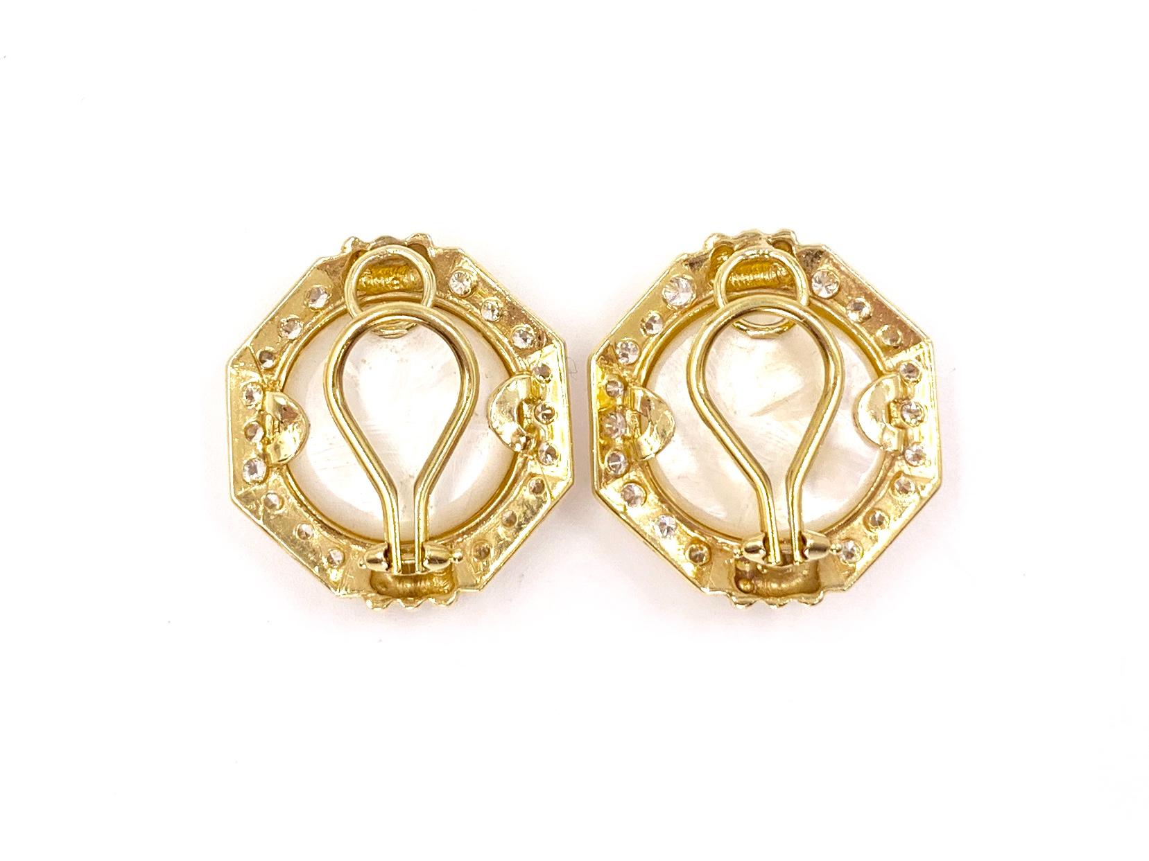 Yellow Gold Pearl and Diamond Geometric Button Earrings For Sale 1