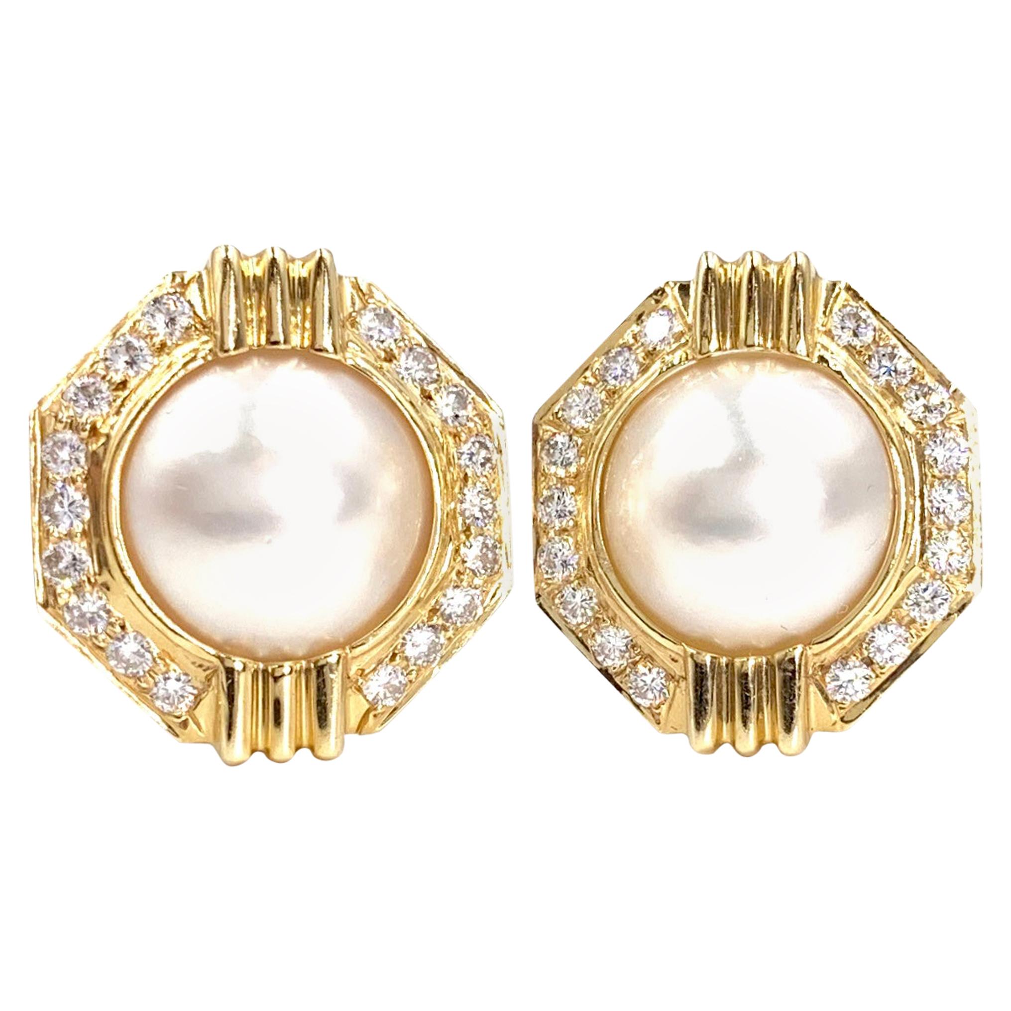 Yellow Gold Pearl and Diamond Geometric Button Earrings For Sale