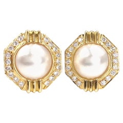 Yellow Gold Pearl and Diamond Geometric Button Earrings