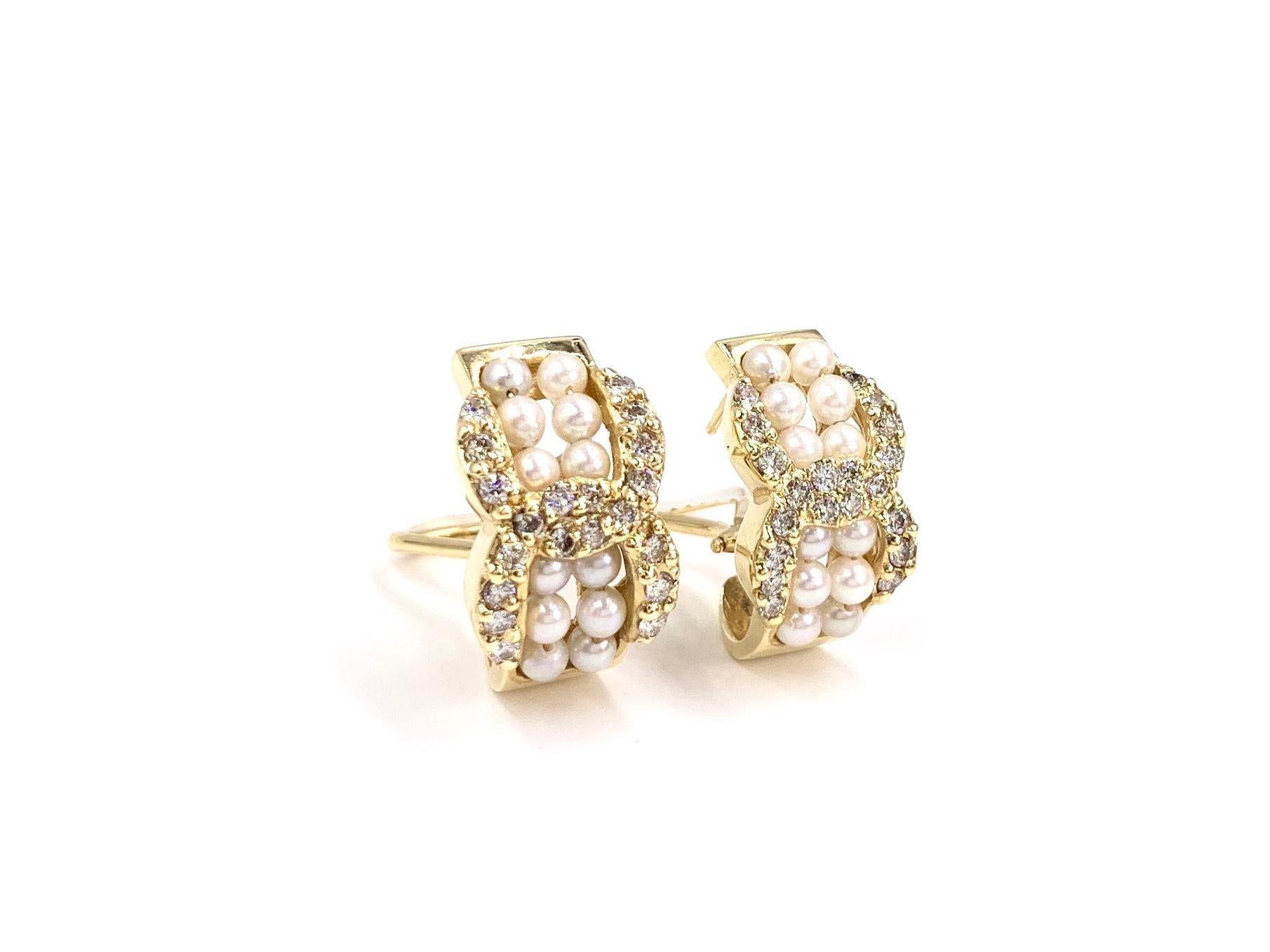 Round Cut Yellow Gold Pearl and Diamond Huggie Earrings