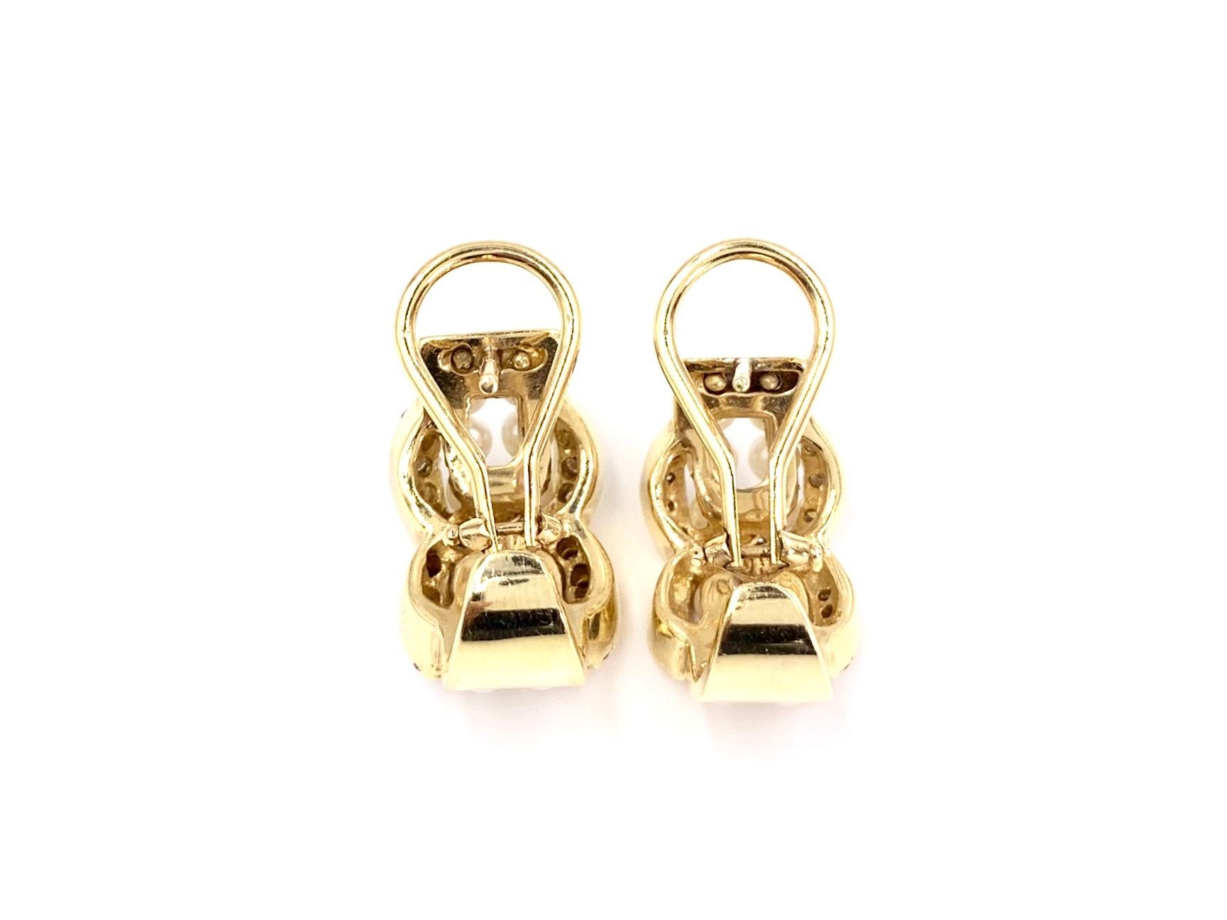 Yellow Gold Pearl and Diamond Huggie Earrings In Good Condition In Pikesville, MD