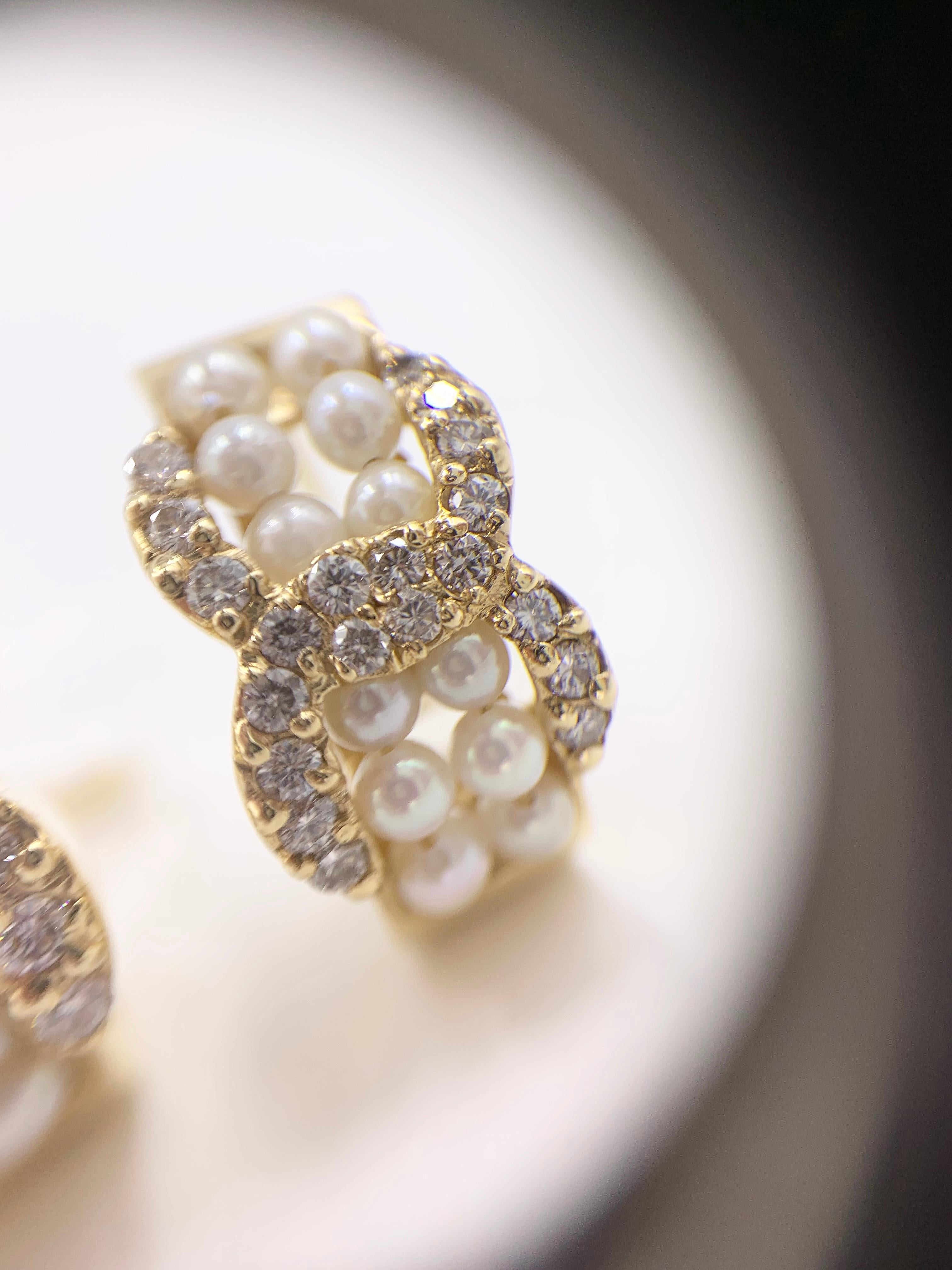 Yellow Gold Pearl and Diamond Huggie Earrings 1