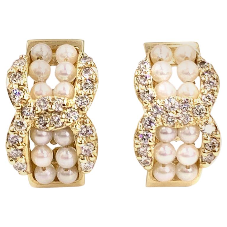 Yellow Gold Pearl and Diamond Huggie Earrings