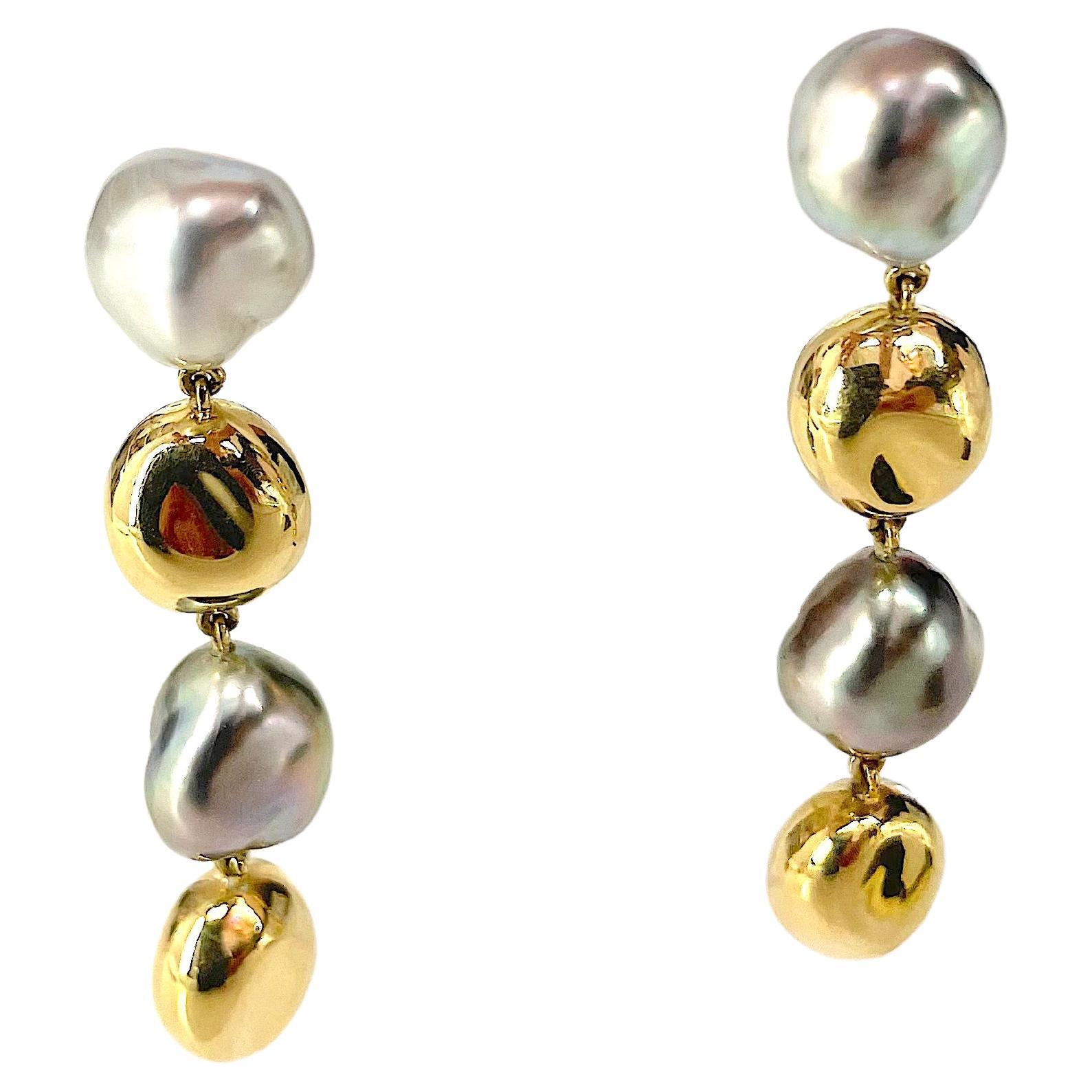 Yellow Gold Pearl and Gold Drop Earrings A. Clunn For Sale