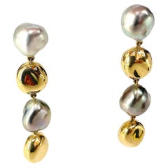 Yellow Gold Pearl and Gold Drop Earrings A. Clunn
