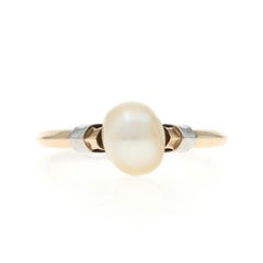 Yellow Gold Pearl Art Deco Solitaire Ring - 10k Bead Vintage Knife-Edge