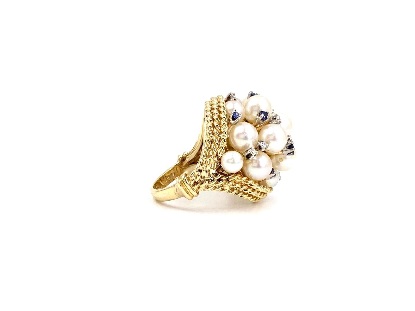 Round Cut Yellow Gold Pearl, Blue Sapphire and Diamond Large Cluster Ring