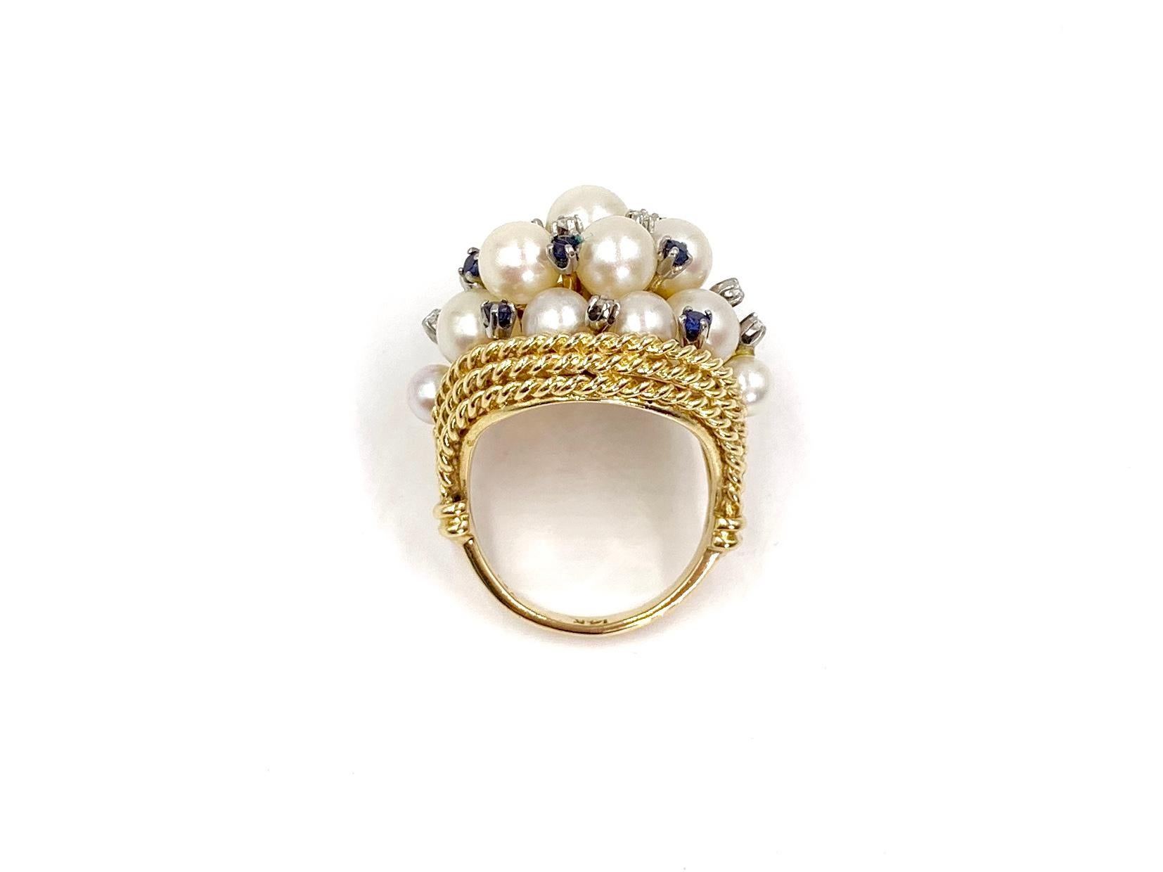 Yellow Gold Pearl, Blue Sapphire and Diamond Large Cluster Ring In Good Condition In Pikesville, MD
