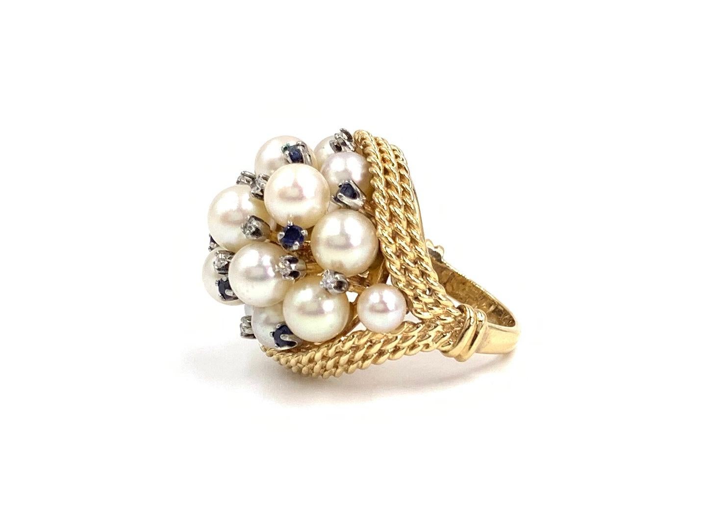 Women's or Men's Yellow Gold Pearl, Blue Sapphire and Diamond Large Cluster Ring
