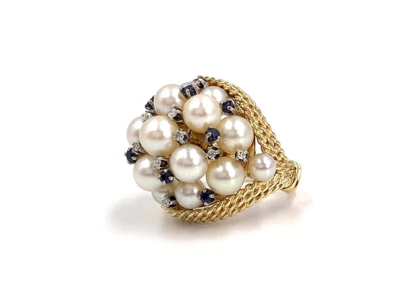 Yellow Gold Pearl, Blue Sapphire and Diamond Large Cluster Ring 1