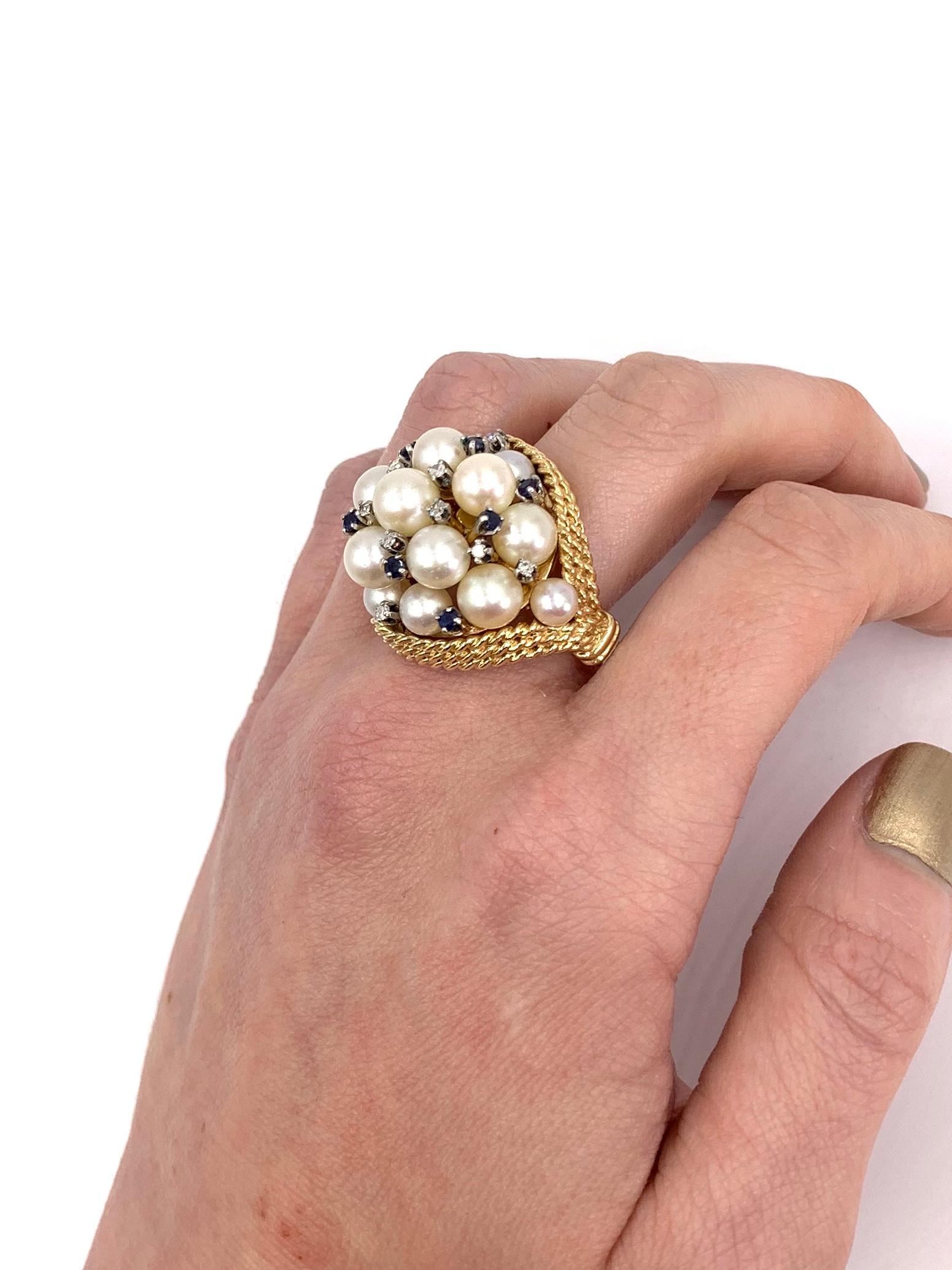 Yellow Gold Pearl, Blue Sapphire and Diamond Large Cluster Ring 2