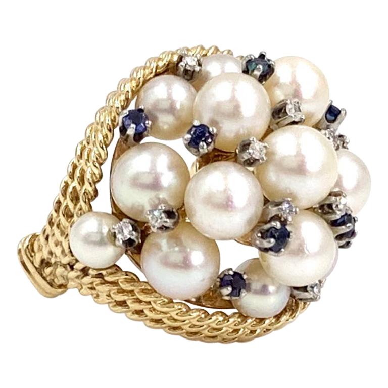 Yellow Gold Pearl, Blue Sapphire and Diamond Large Cluster Ring