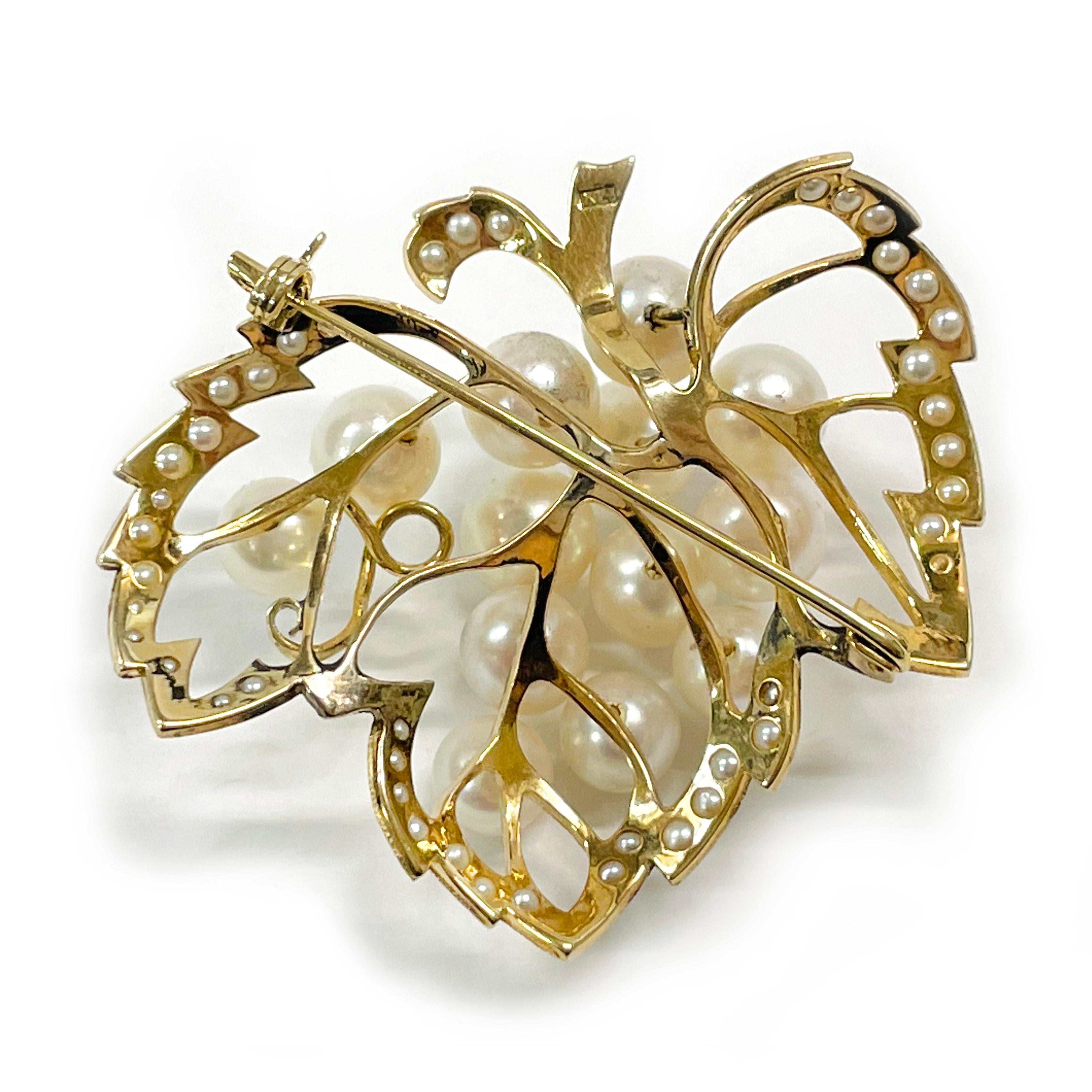 Retro Yellow Gold Pearl Cluster Leaf Brooch For Sale