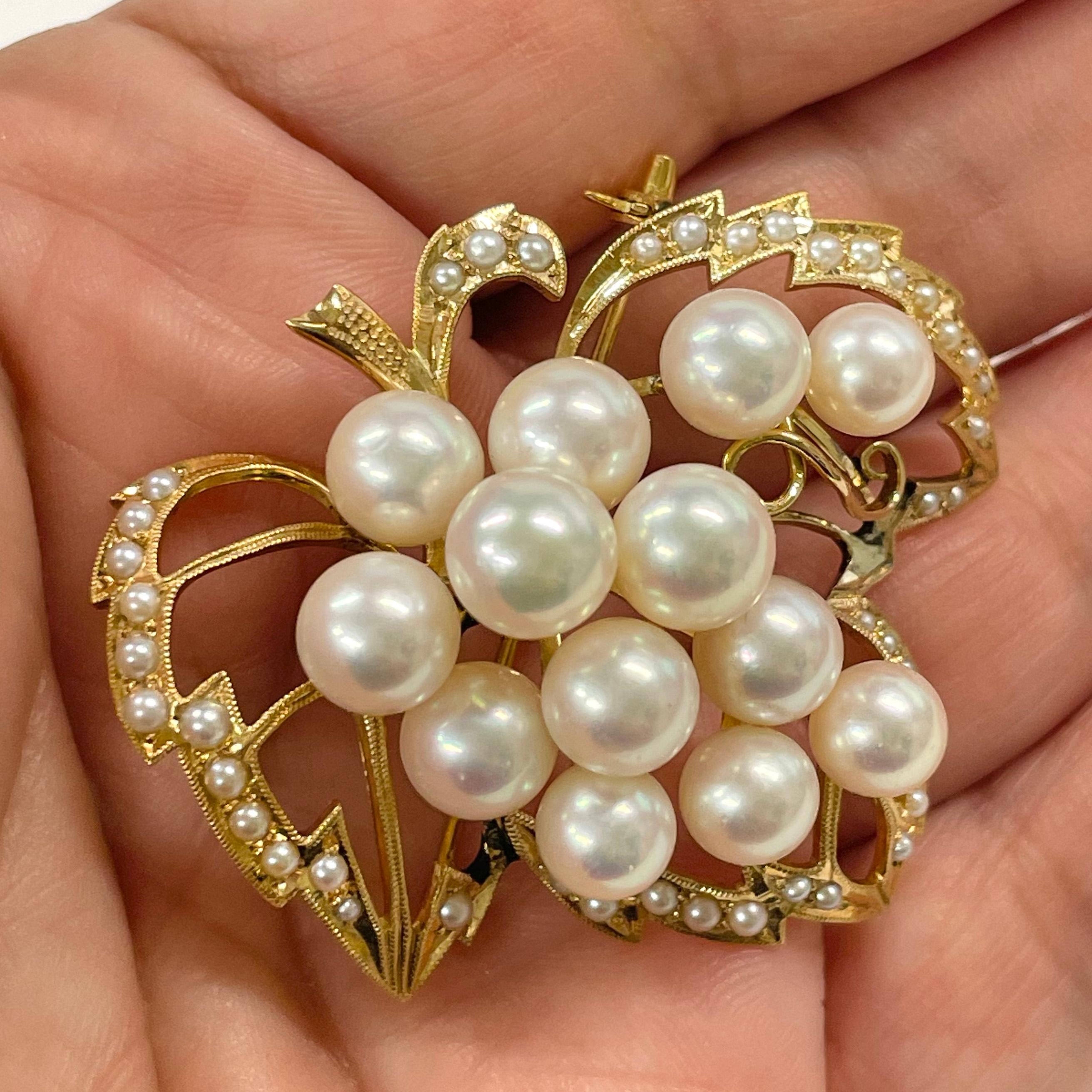 Uncut Yellow Gold Pearl Cluster Leaf Brooch For Sale